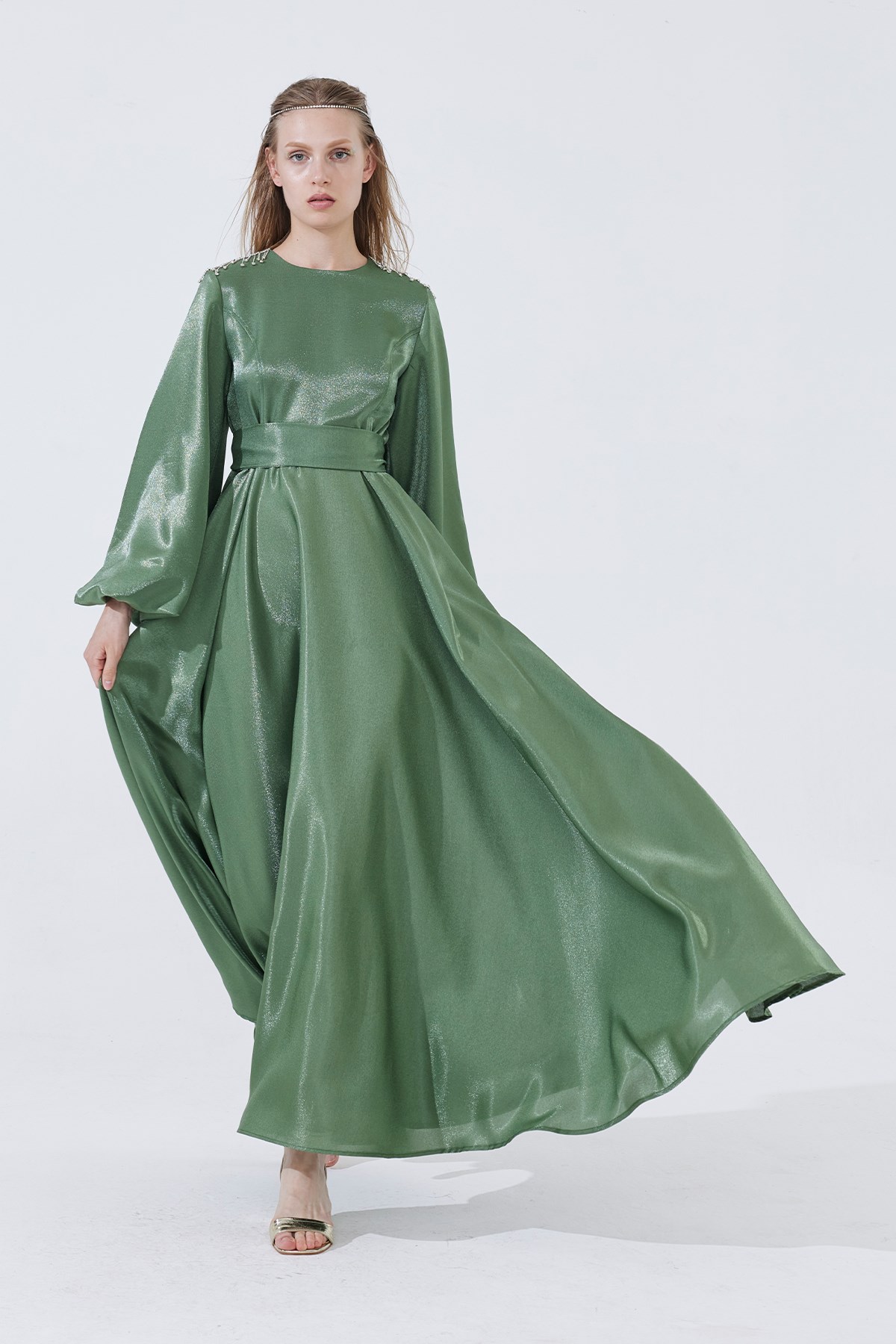 Puffed Sleeve Dress Oil Green - FAHHAR