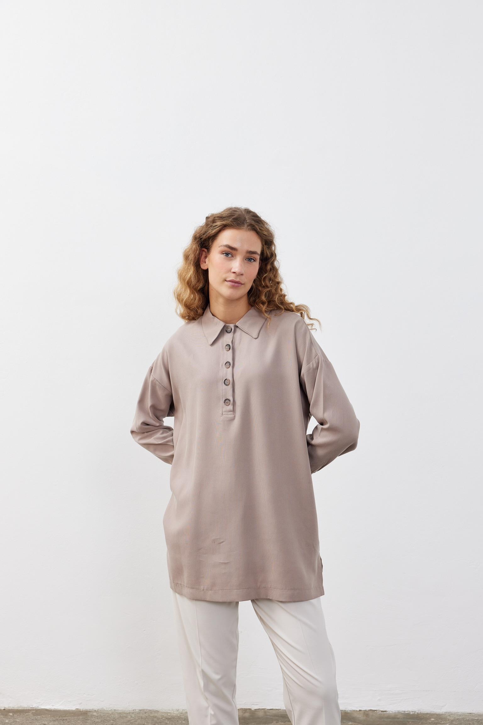 Polo Yaka Modal Kadın Sweatshirt Bej - FAHHAR