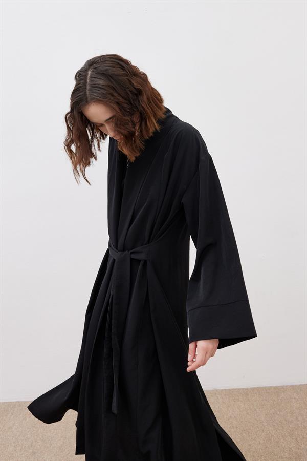 Şal Yaka Uzun Kimono Siyah