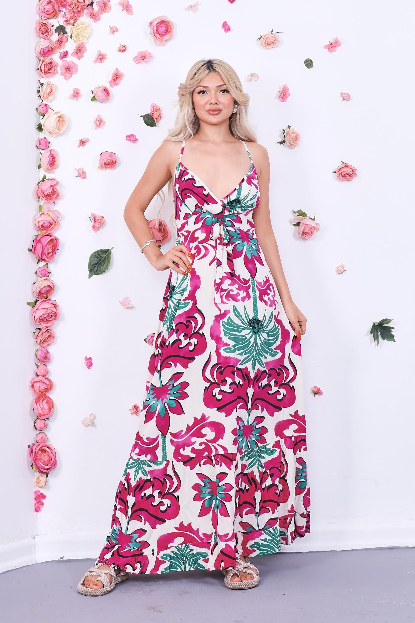 Elbise Askılı Çiçek Desen Elbise