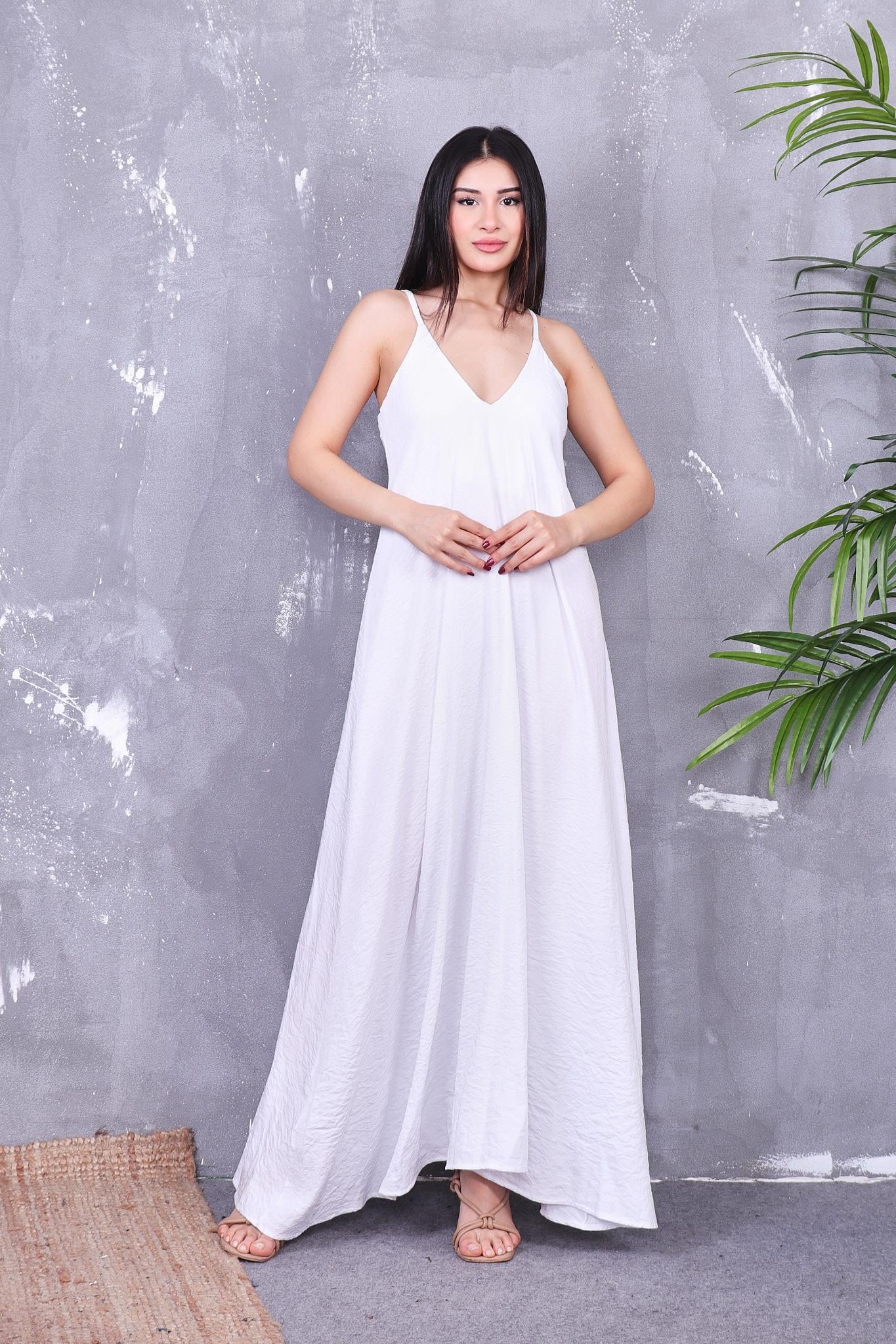 Elbise Askılı Keten Elbise