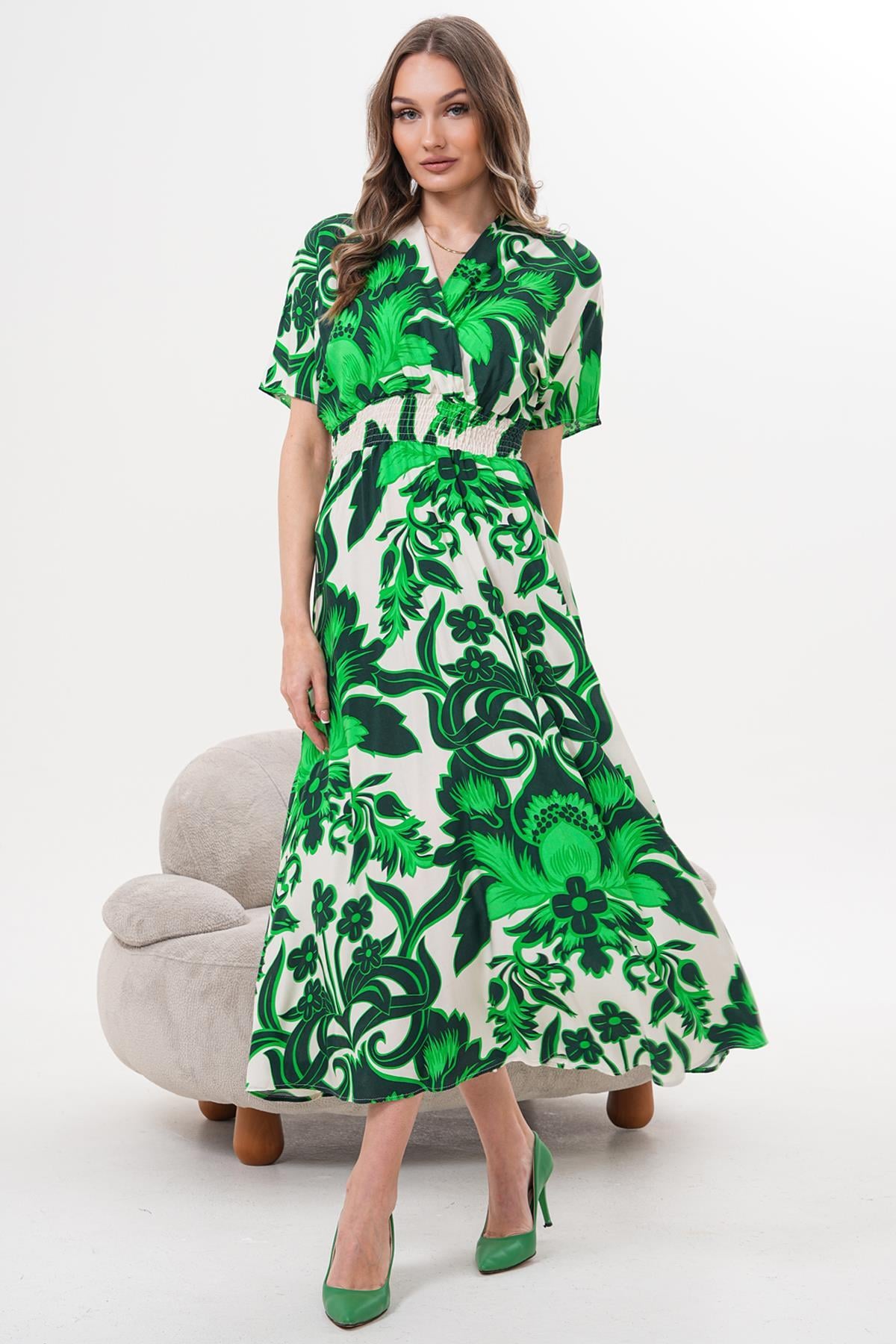 Elbise Beli Gipeli Yarasa Kol Elbise