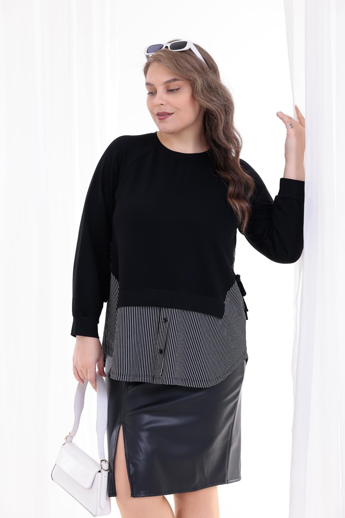 Uzun Kol Bluz Büyük Beden Bağcık Detaylı Sweatshirt