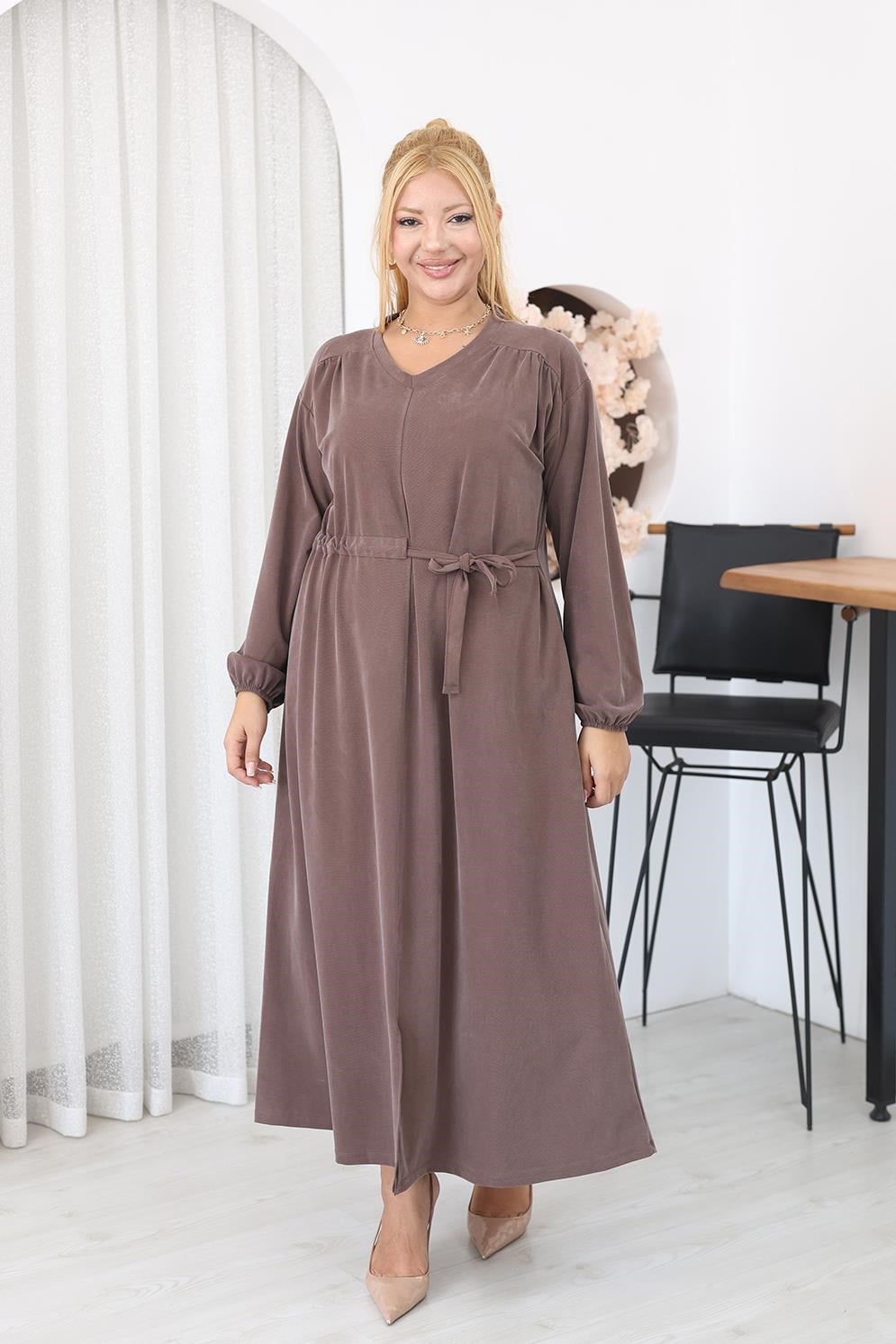 Elbise Büyük Beden Bağlama Detaylı Tencel Modal Kumaş Elbise