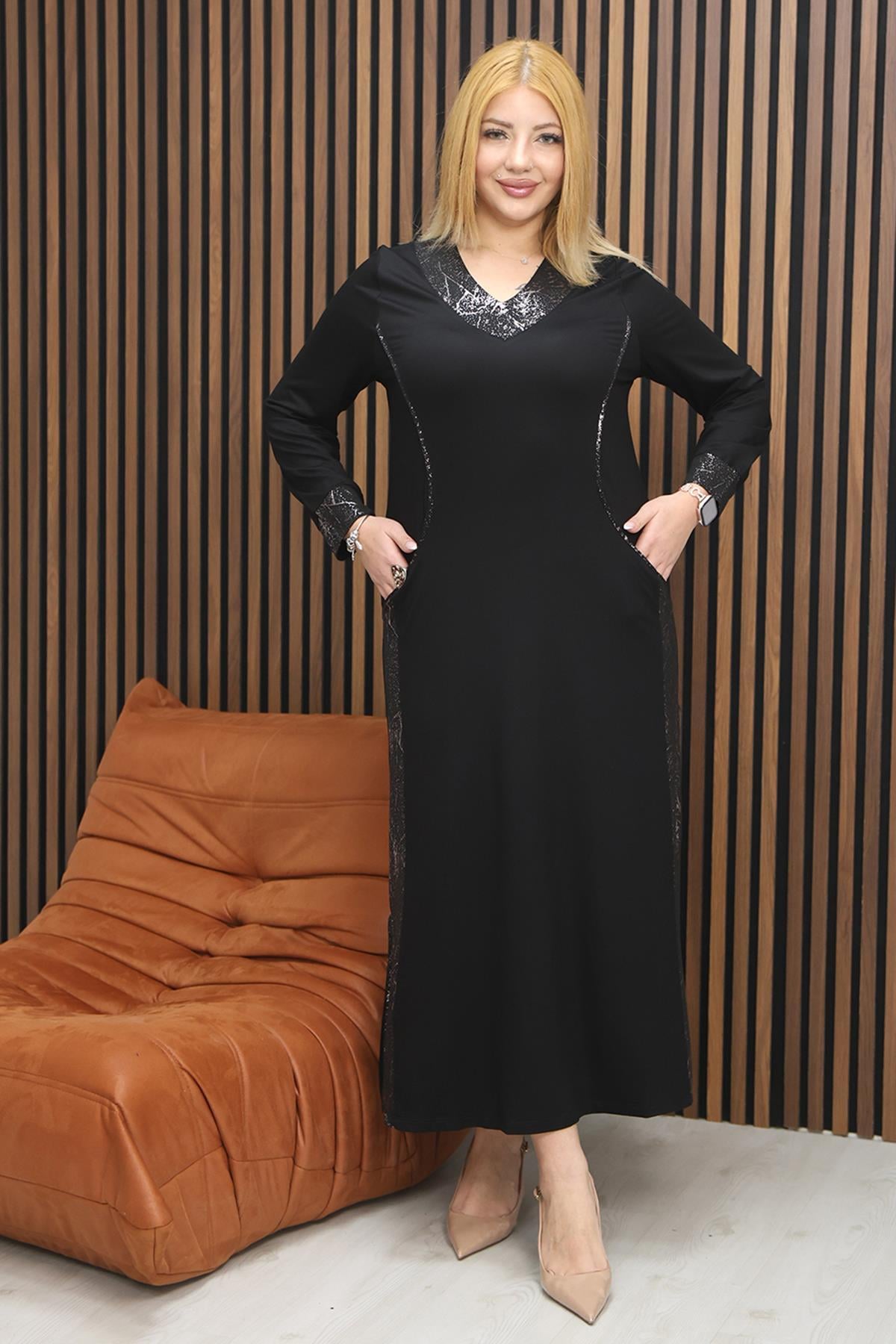 Elbise Büyük Beden Cepli Gümüş Detaylı Elbise