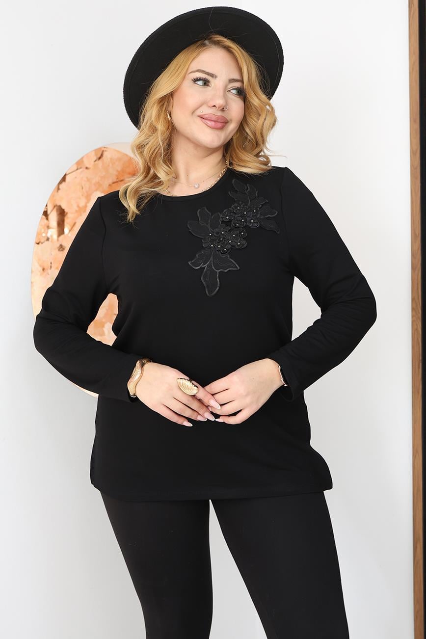 Uzun Kol Bluz Büyük Beden Çiçek Motif Detaylı Bluz