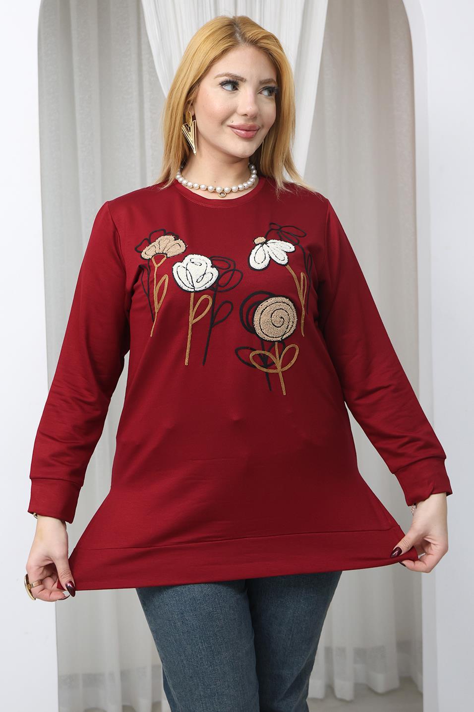 Sweatshirt Büyük Beden Çiçek Nakışlı Tunik Sweatshirt