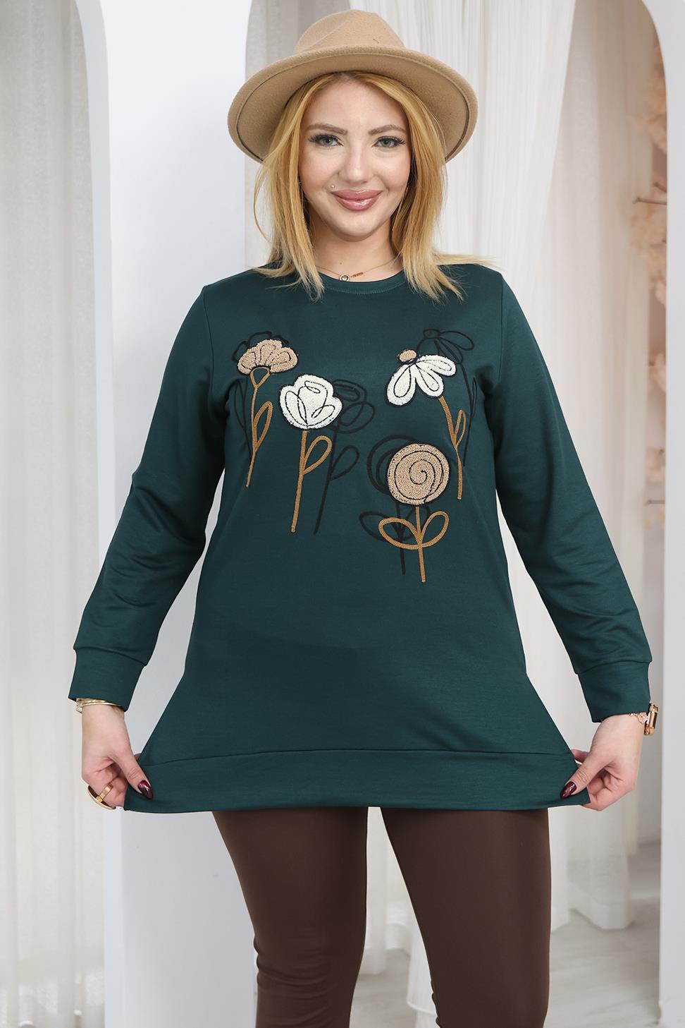 Sweatshirt Büyük Beden Çiçek Nakışlı Tunik Sweatshirt