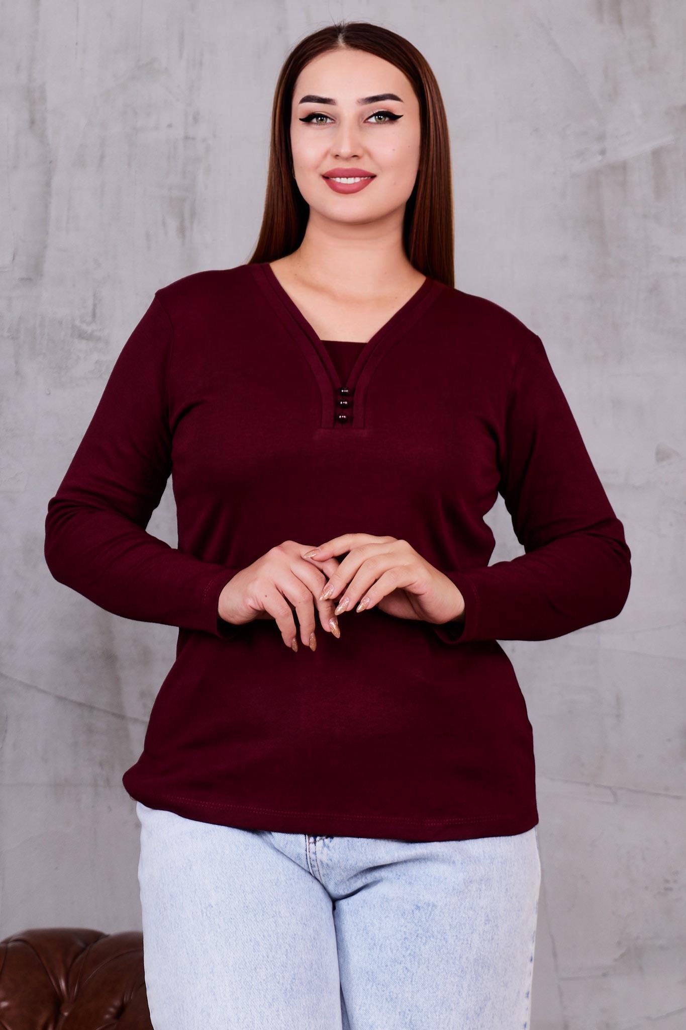 Uzun Kol Bluz Büyük Beden Çift Biyeli Düğmeli Pamuklu Bluz