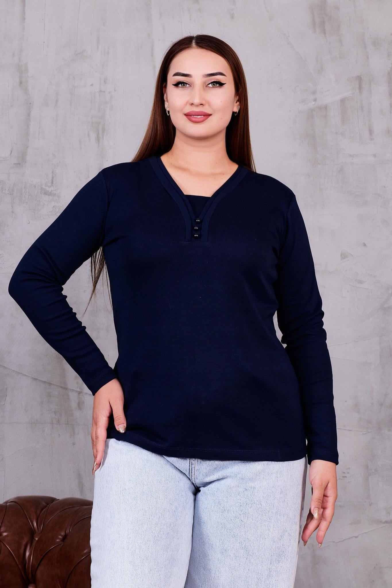 Uzun Kol Bluz Büyük Beden Çift Biyeli Düğmeli Pamuklu Bluz