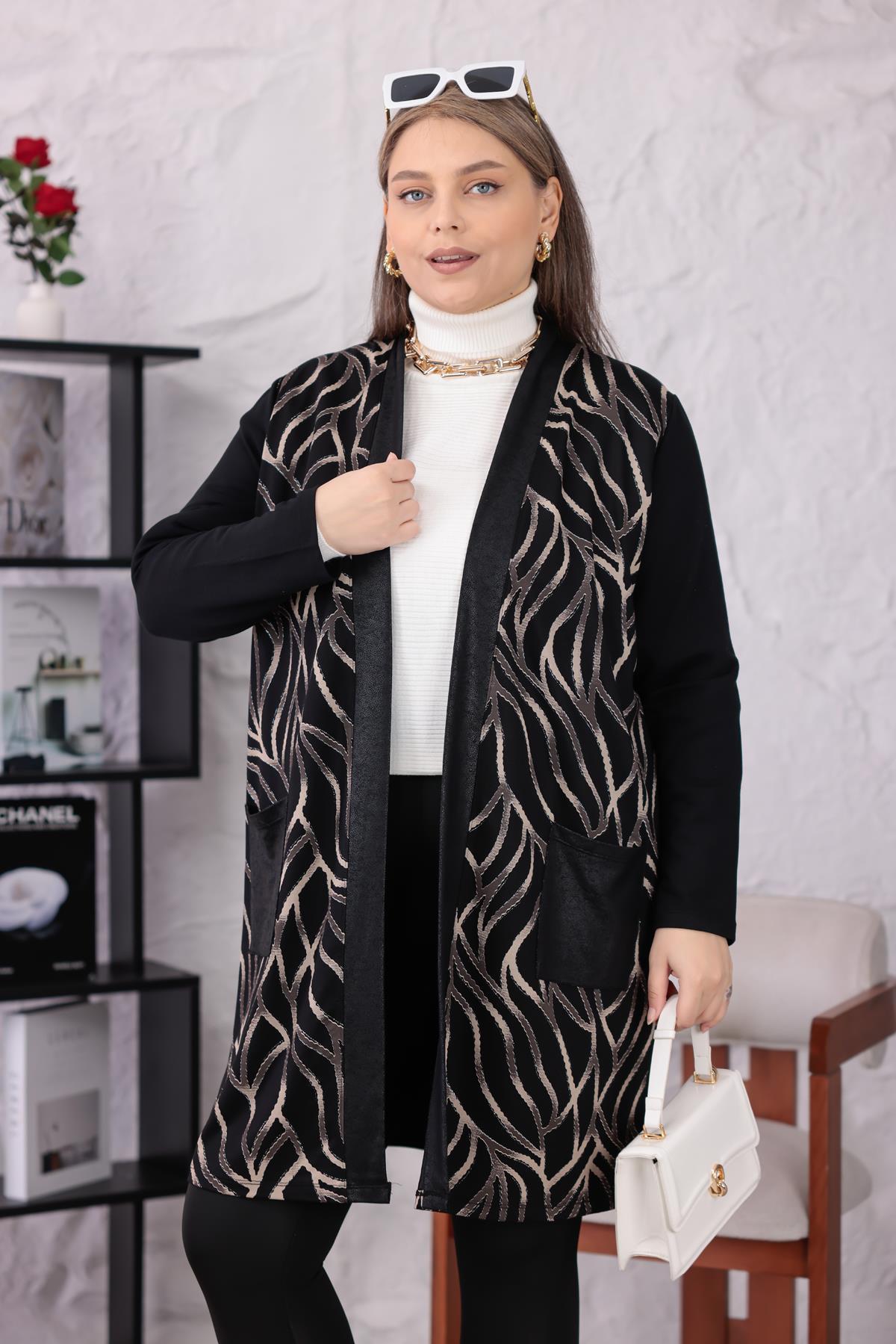 Hırka Büyük Beden Desenli Cep Detaylı Hırka