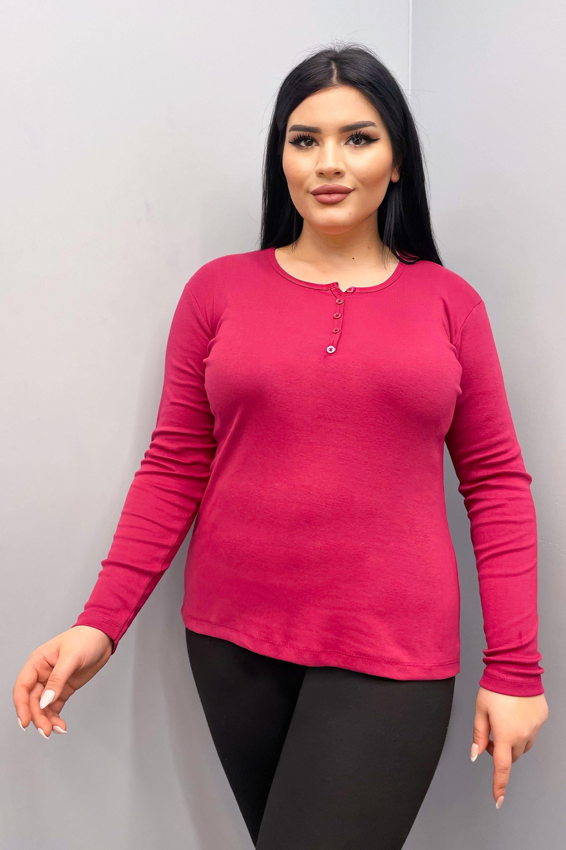 Bluz Büyük Beden Düğme Detaylı Pamuklu Bluz Bordo