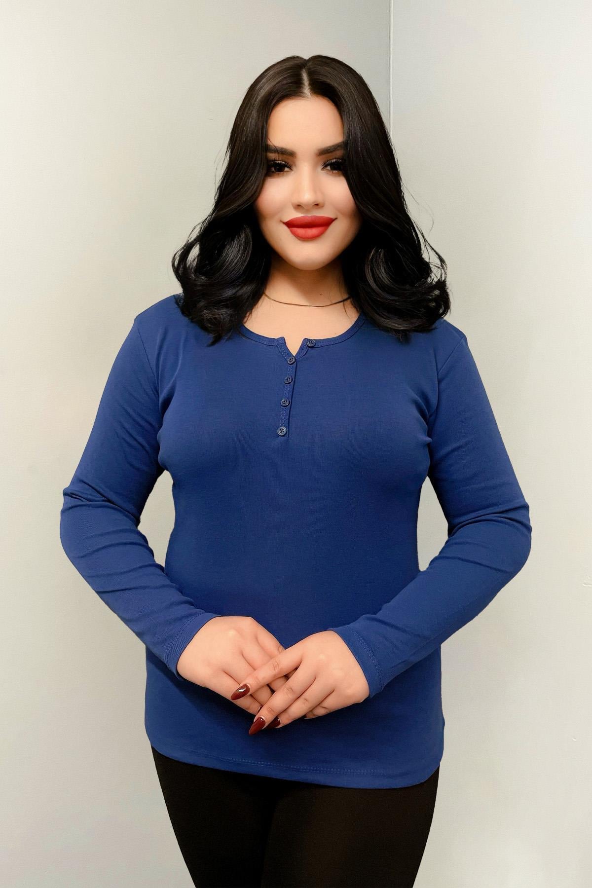 Bluz Büyük Beden Düğme Detaylı Pamuklu Bluz Saks Mavisi