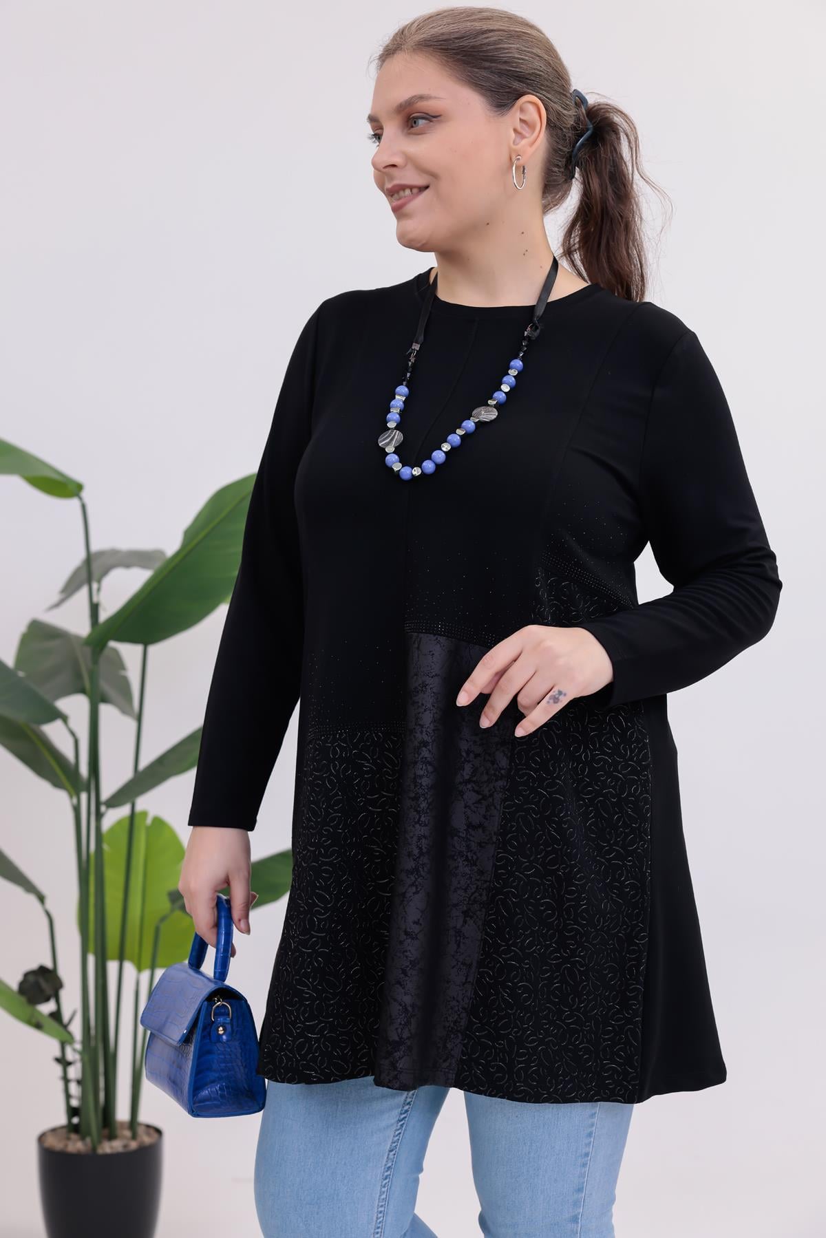 Uzun Kol Bluz Büyük Beden Etekleri Taşlı Tunik Bluz