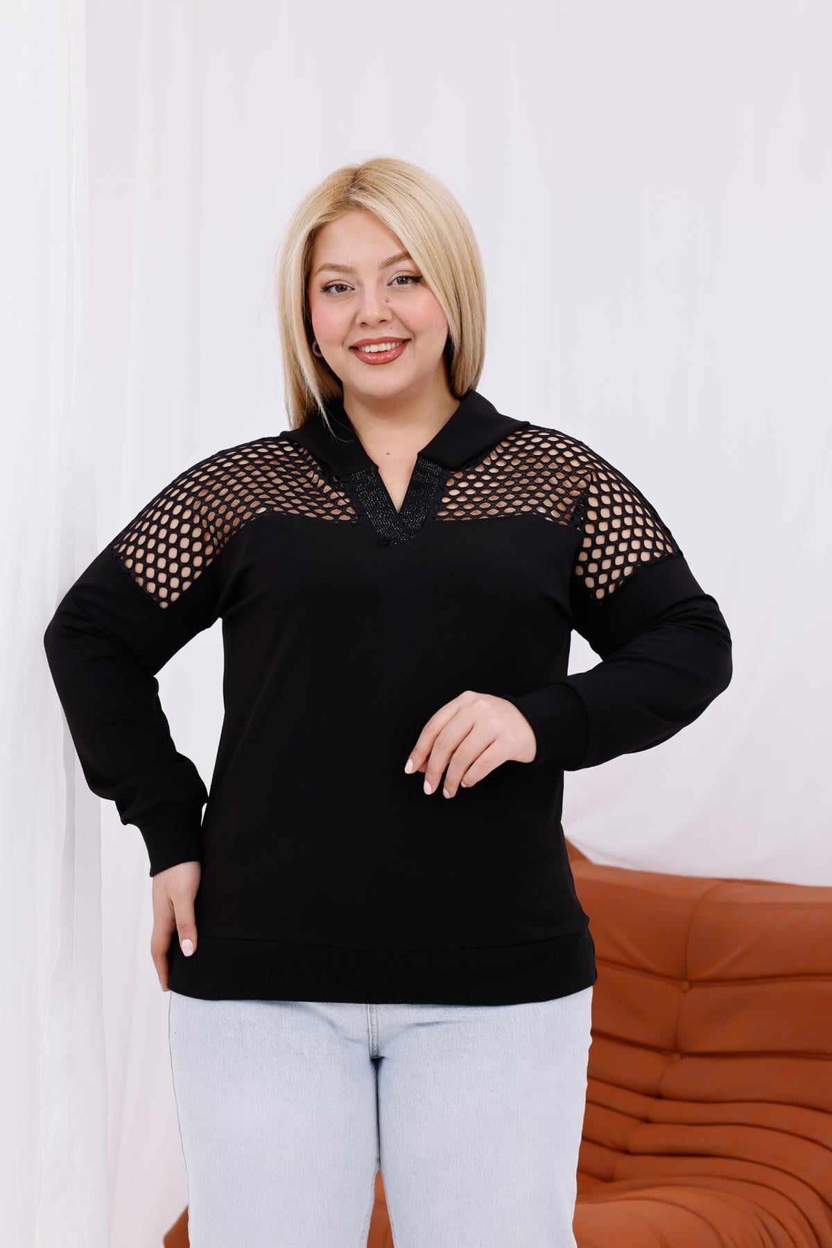 Uzun Kol Bluz Büyük Beden File Detaylı Kapüşonlu Sweatshirt