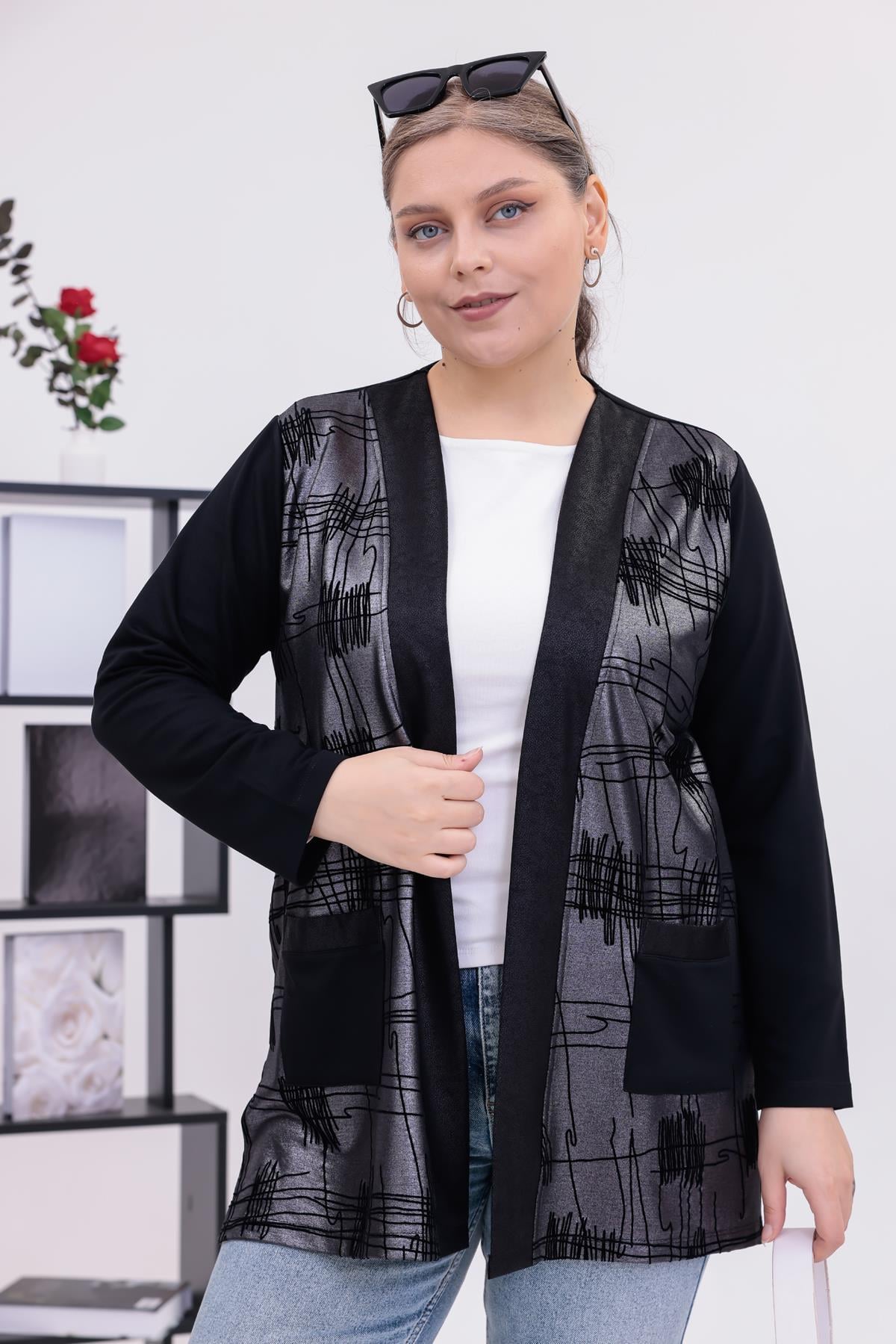 Hırka Büyük Beden Gümüş Detaylı Cepli Hırka