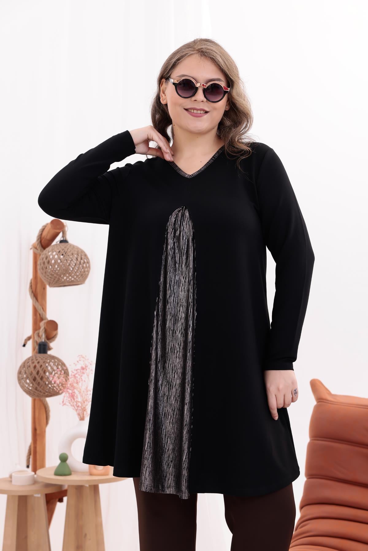 Uzun Kol Bluz Büyük Beden Gümüş Detaylı Tunik Bluz