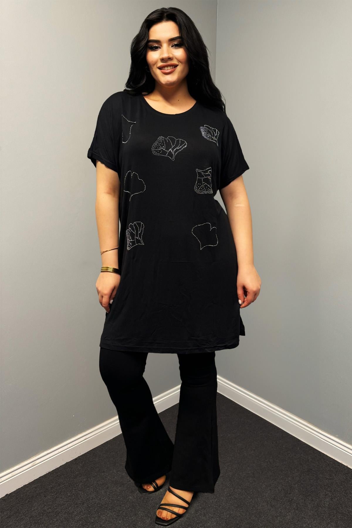 Tshirt Büyük Beden Gümüş Taş Baskılı Tunik Tshirt