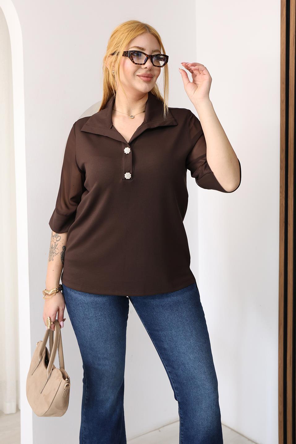 Kısa Kol Bluz Büyük Beden Kristal Düğme Detaylı Kolları Tül Bluz