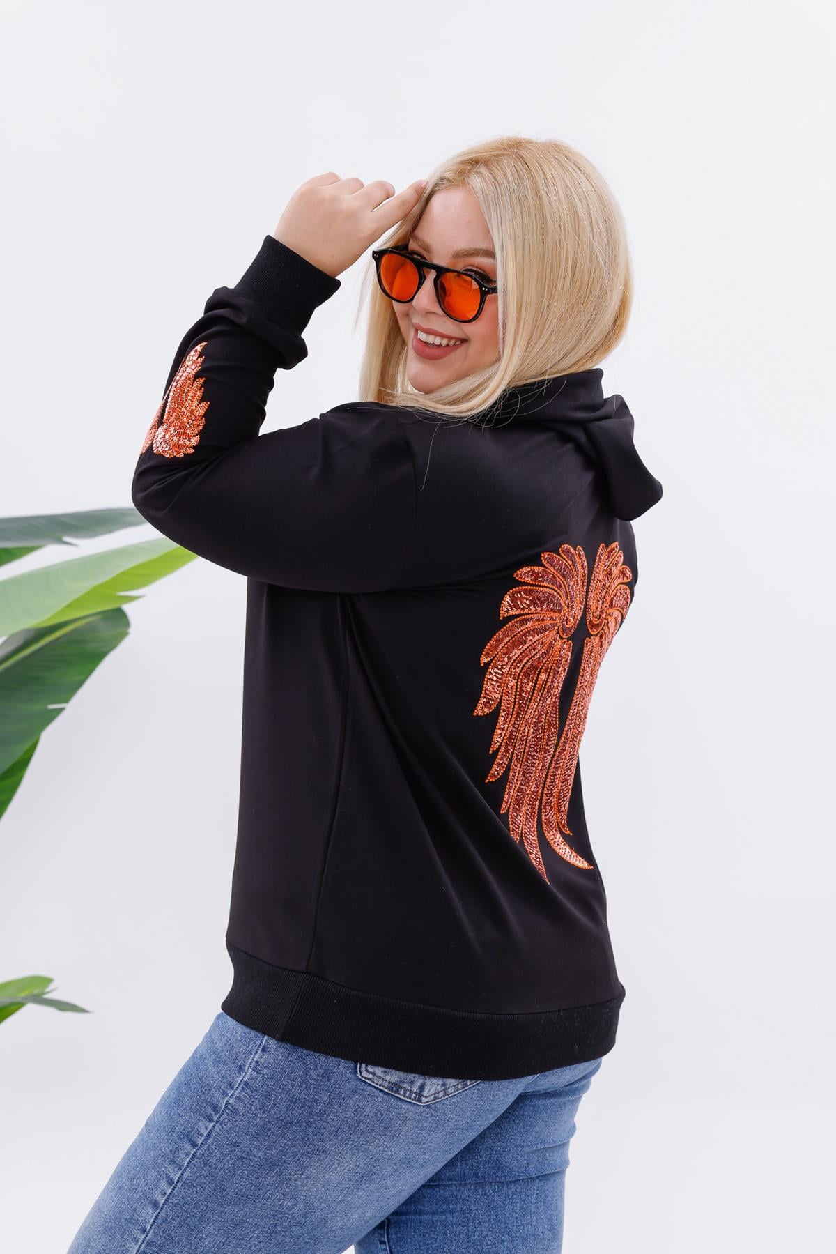 Sweatshirt Büyük Beden Melek Kanatlı Pul İşlemeli Sweatshirt