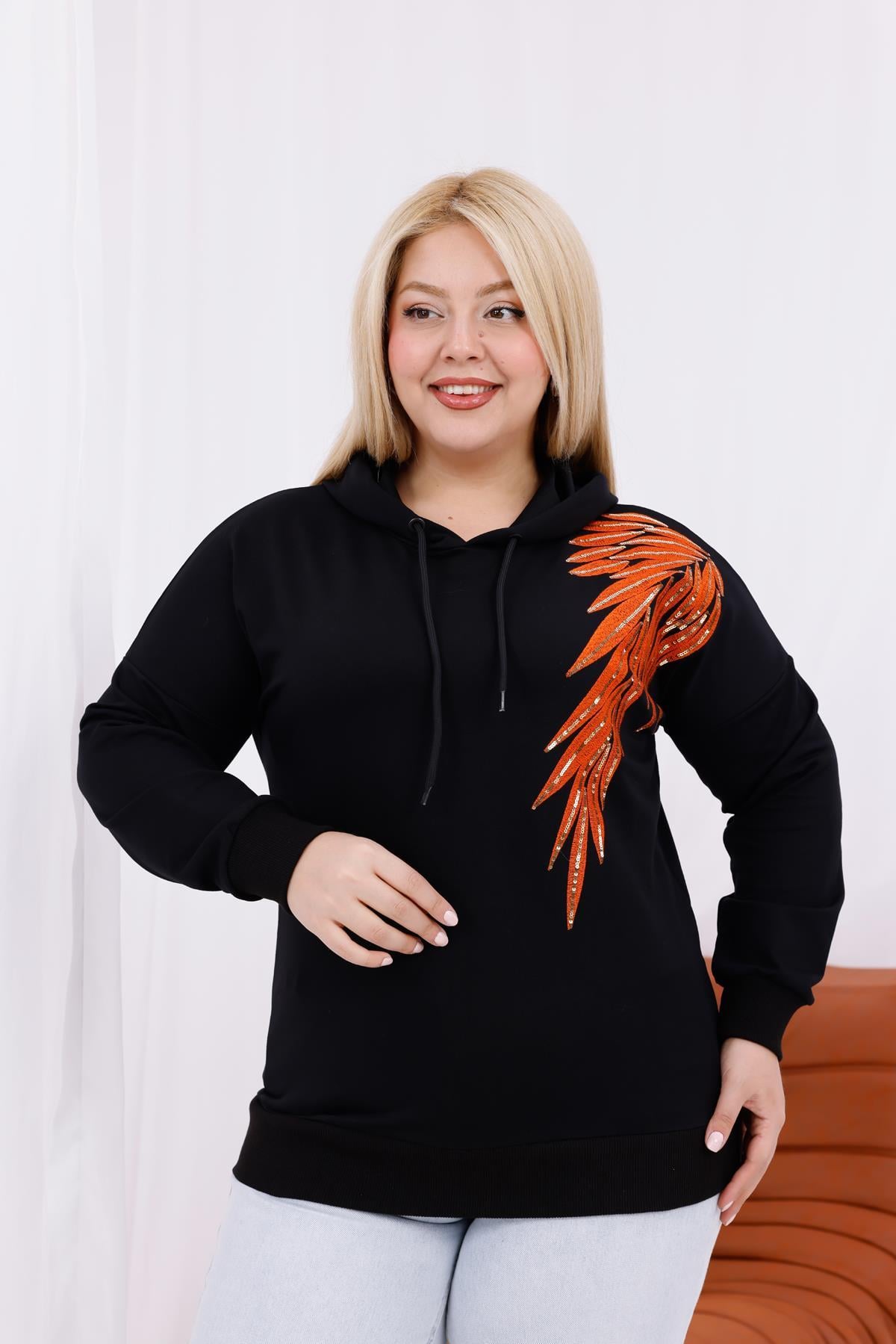 Sweatshirt Büyük Beden Nakışlı Kapüşonlu Sweatshirt
