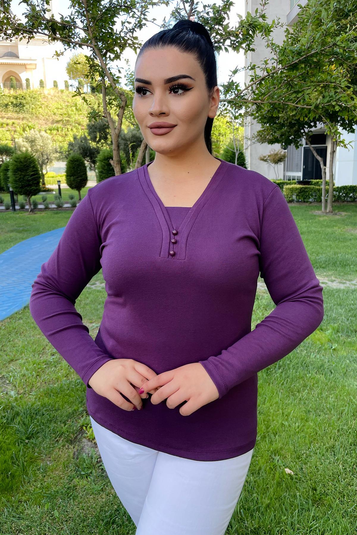 Uzun Kol Bluz Büyük Beden Önü Düğme Detaylı Anne Bluzu Mürdüm