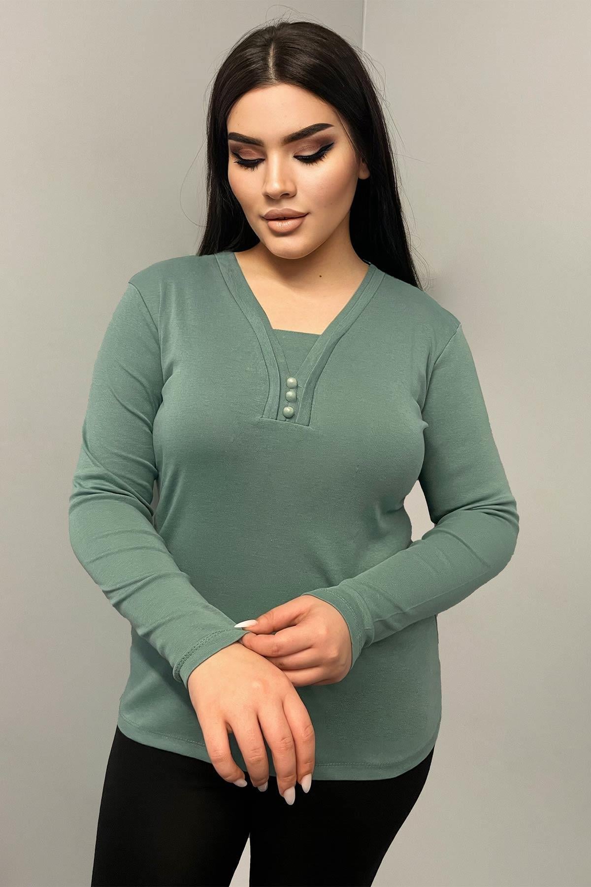 Uzun Kol Bluz Büyük Beden Önü Düğme Detaylı Anne Bluzu Mint Yeşili