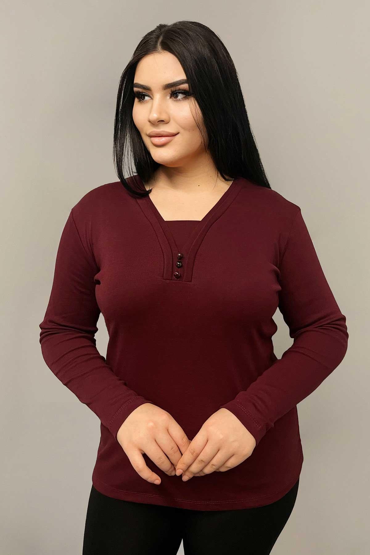 Uzun Kol Bluz Büyük Beden Önü Düğme Detaylı Anne Bluzu Vişne