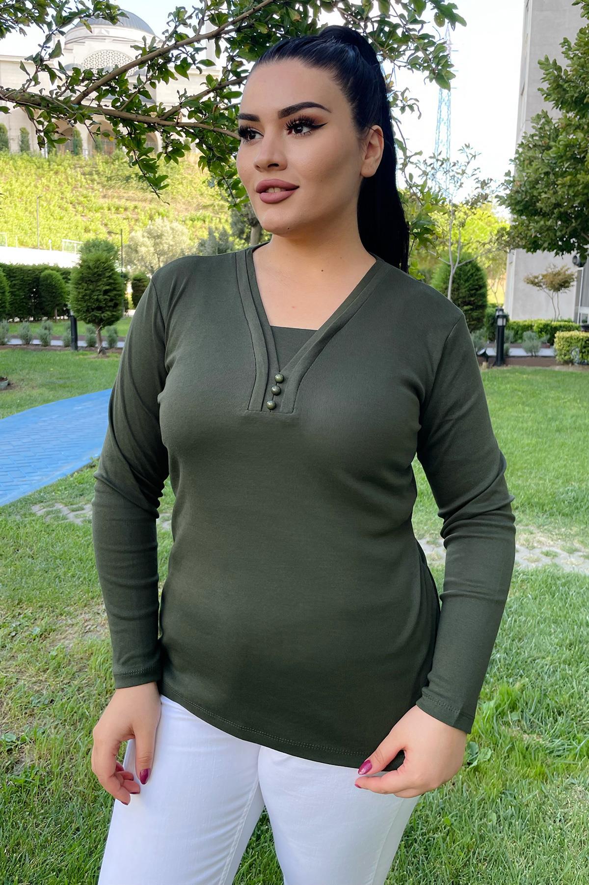 Uzun Kol Bluz Büyük Beden Önü Düğme Detaylı Anne Bluzu Haki