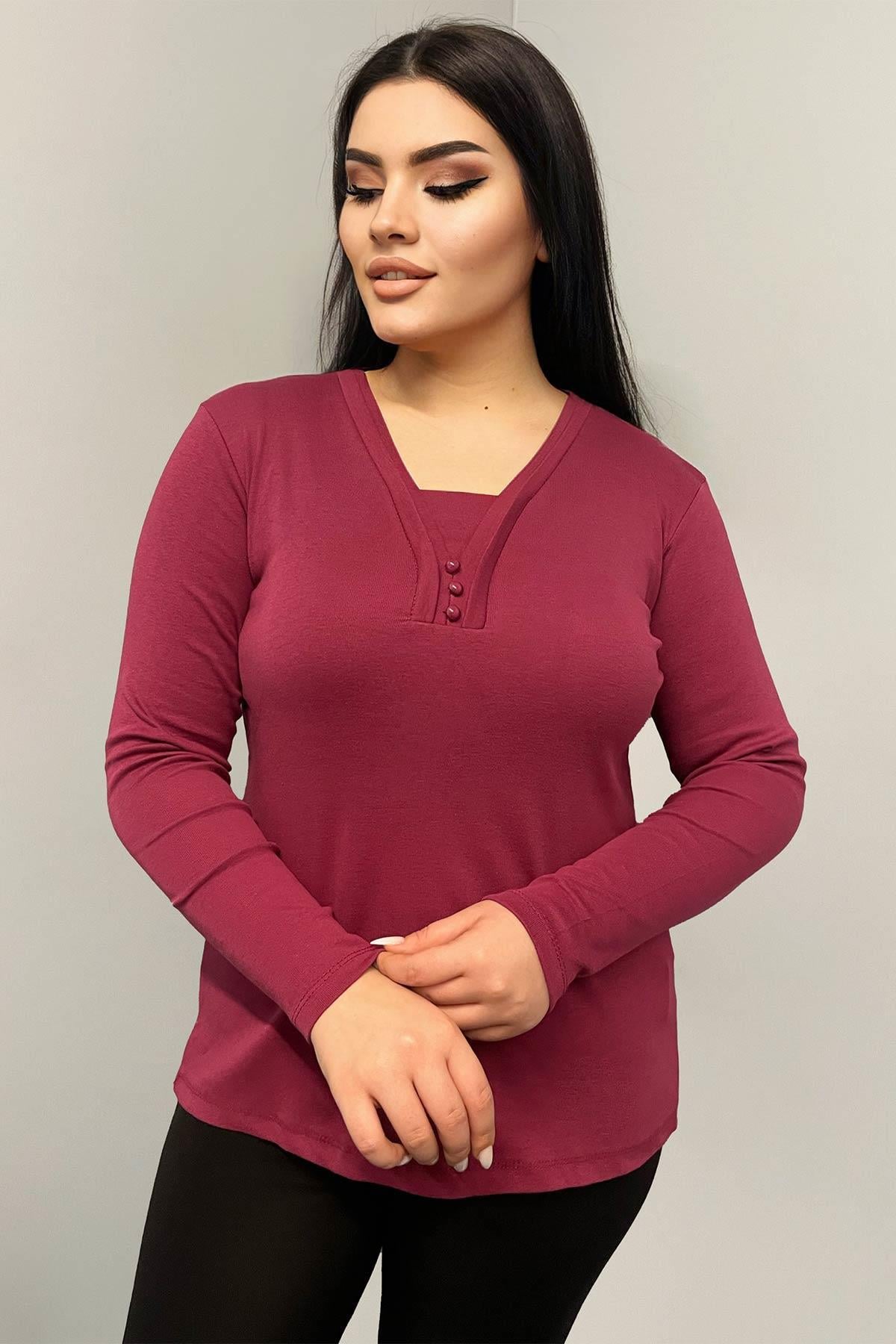 Uzun Kol Bluz Büyük Beden Önü Düğme Detaylı Anne Bluzu Bordo