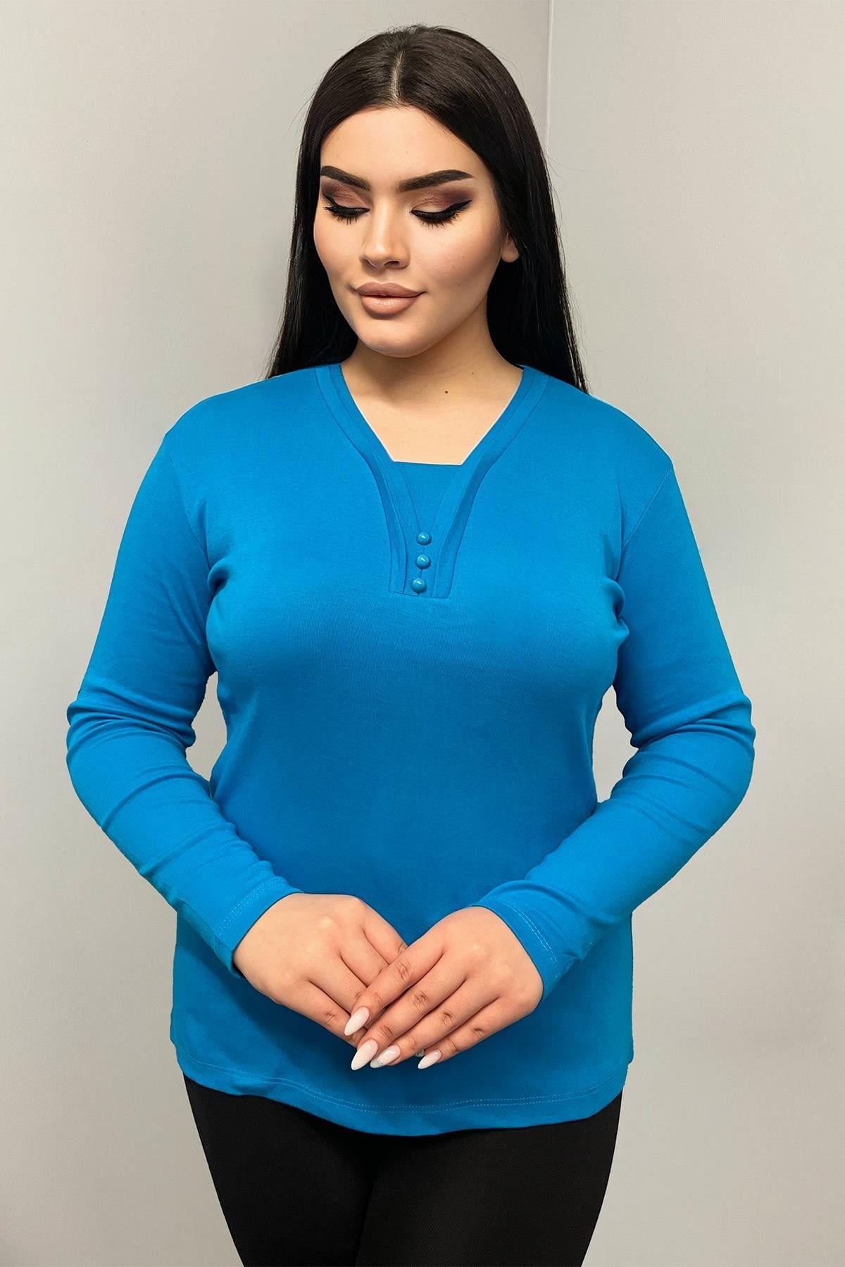 Uzun Kol Bluz Büyük Beden Önü Düğme Detaylı Anne Bluzu Mavi