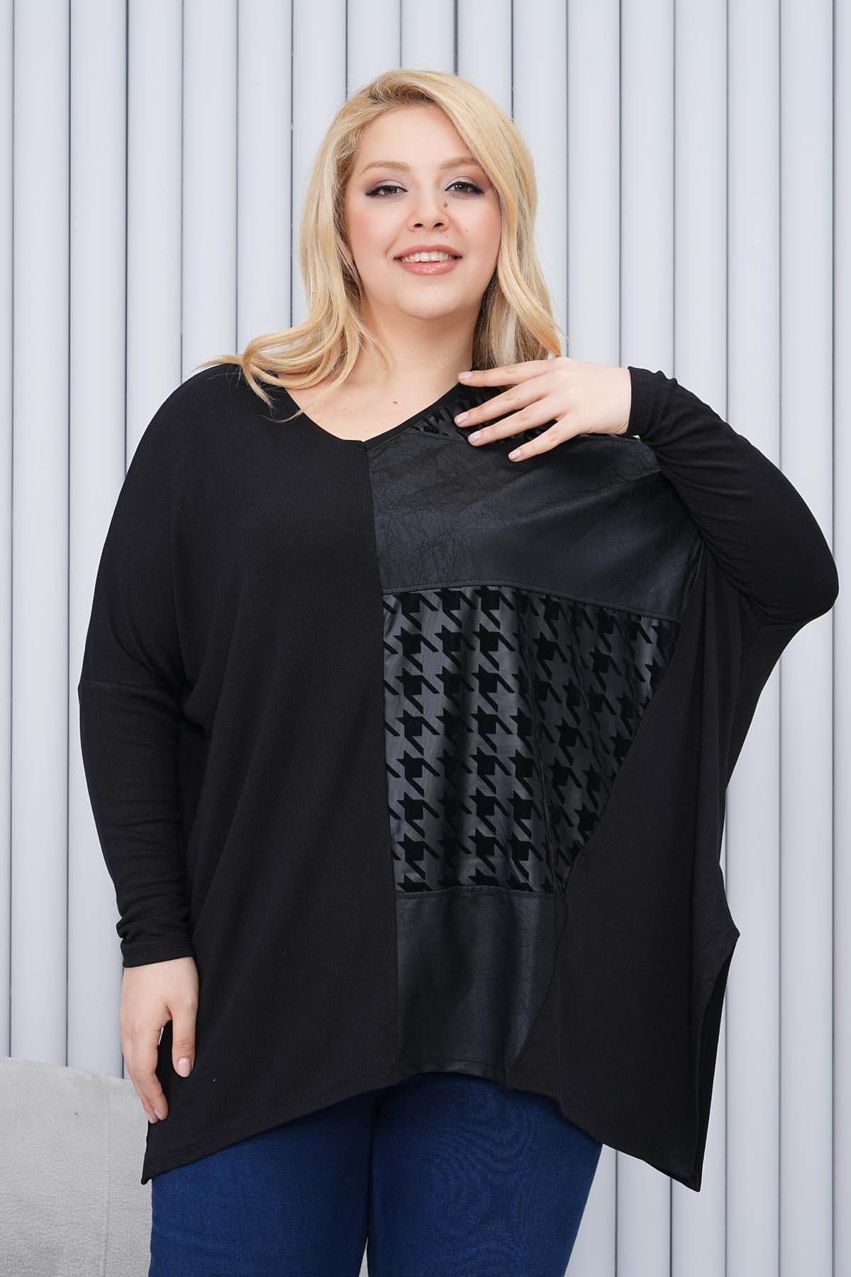 Uzun Kol Bluz Büyük Beden Oversize Asimetri Kesim Der Detaylı Bluz