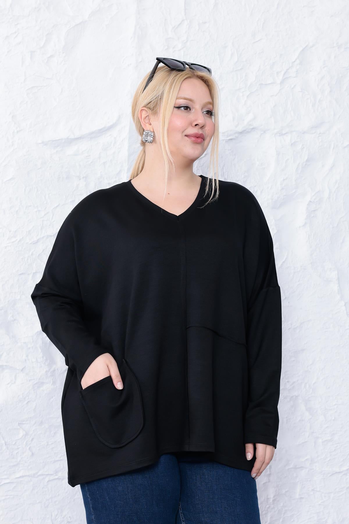Uzun Kol Bluz Büyük Beden Oversize Cep Detaylı Modal Bluz