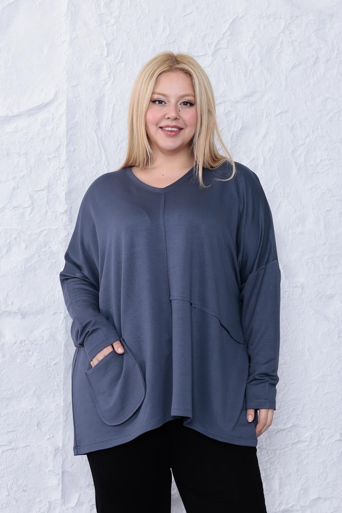 Uzun Kol Bluz Büyük Beden Oversize Cep Detaylı Modal Bluz