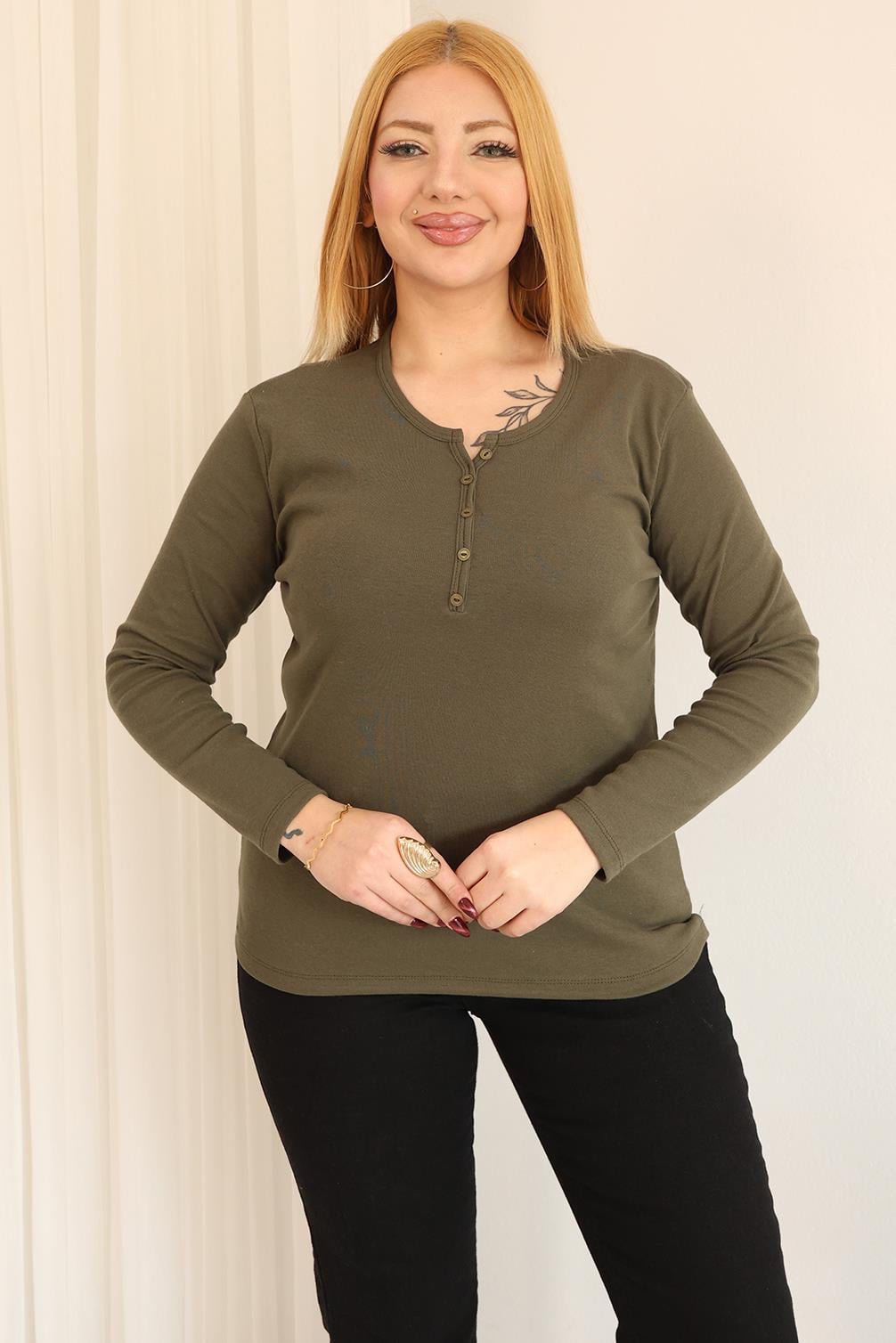 Uzun Kol Bluz Büyük Beden Pamuklu Likralı Basıc Bluz