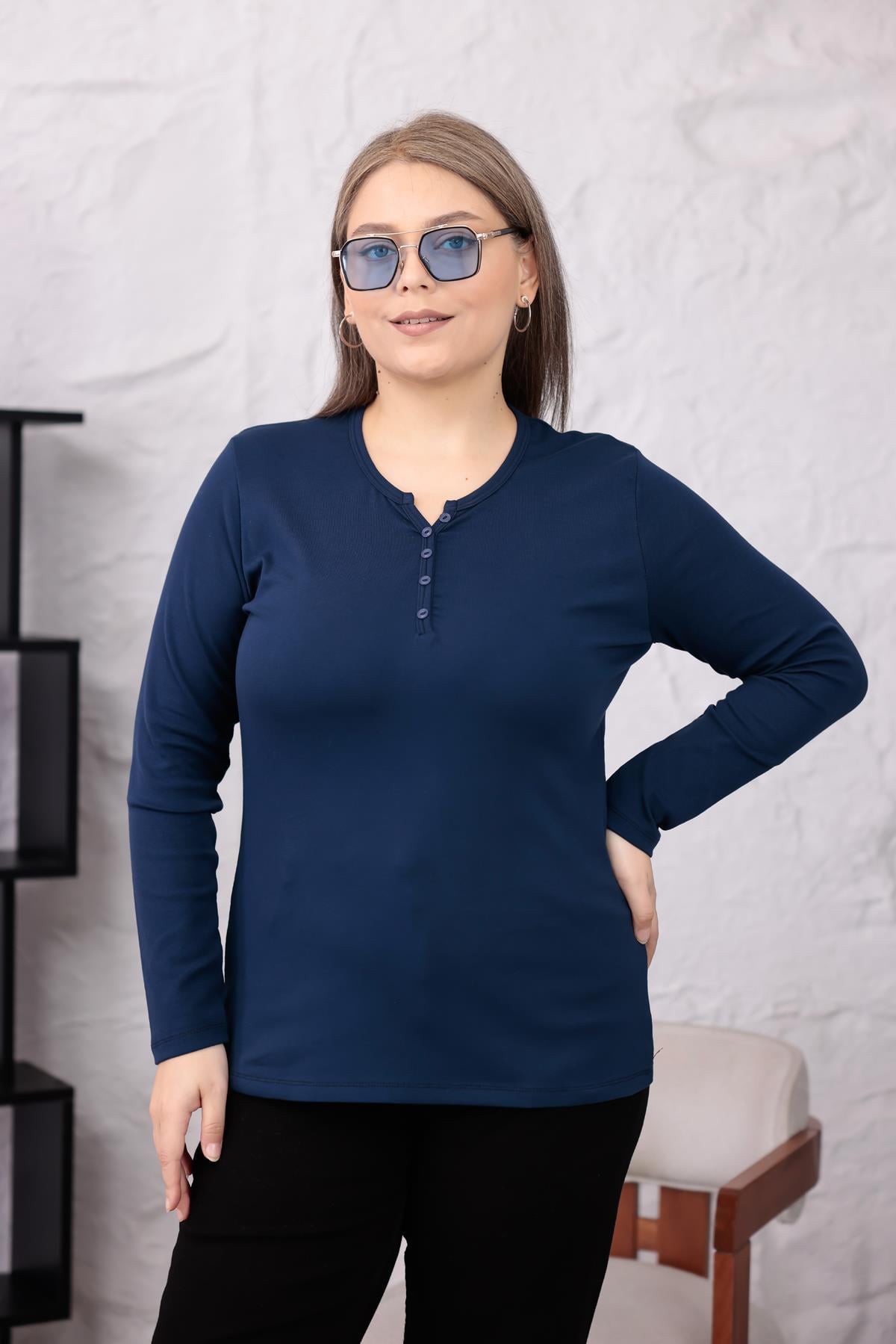 Uzun Kol Bluz Büyük Beden Pamuklu Likralı Basıc Bluz