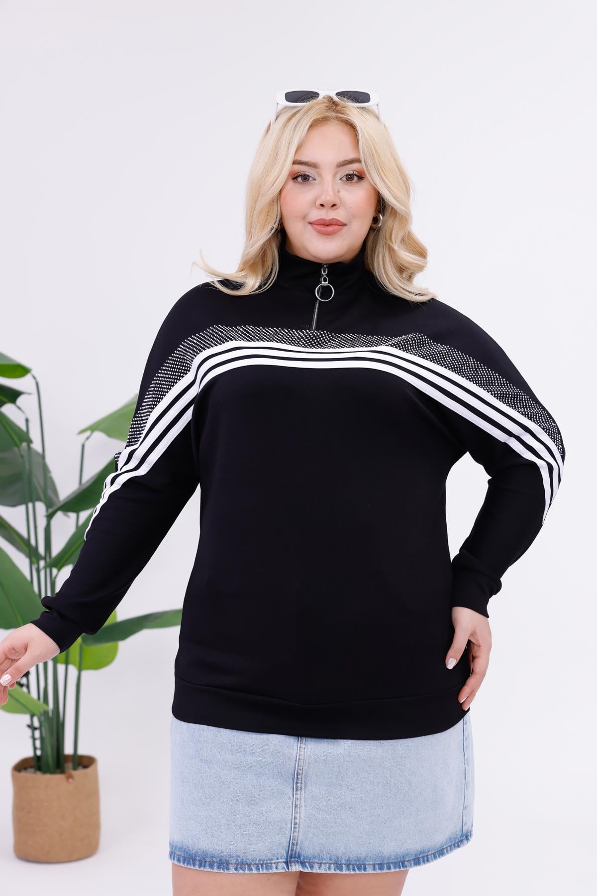 Sweatshirt Büyük Beden Şerit Deaylı Modal Kumaş Sweatshirt