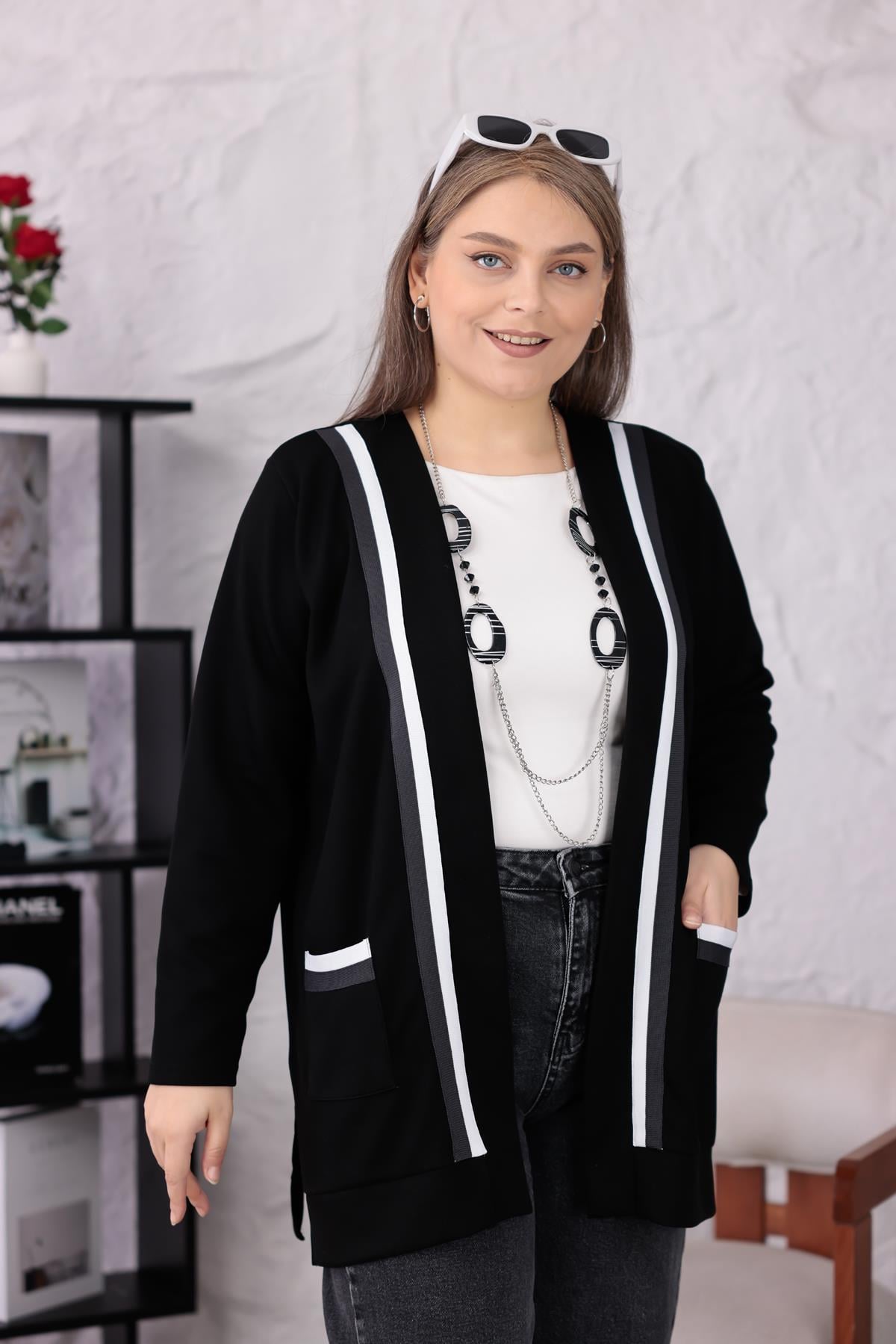 Hırka Büyük Beden Şerit Detaylı Hırka