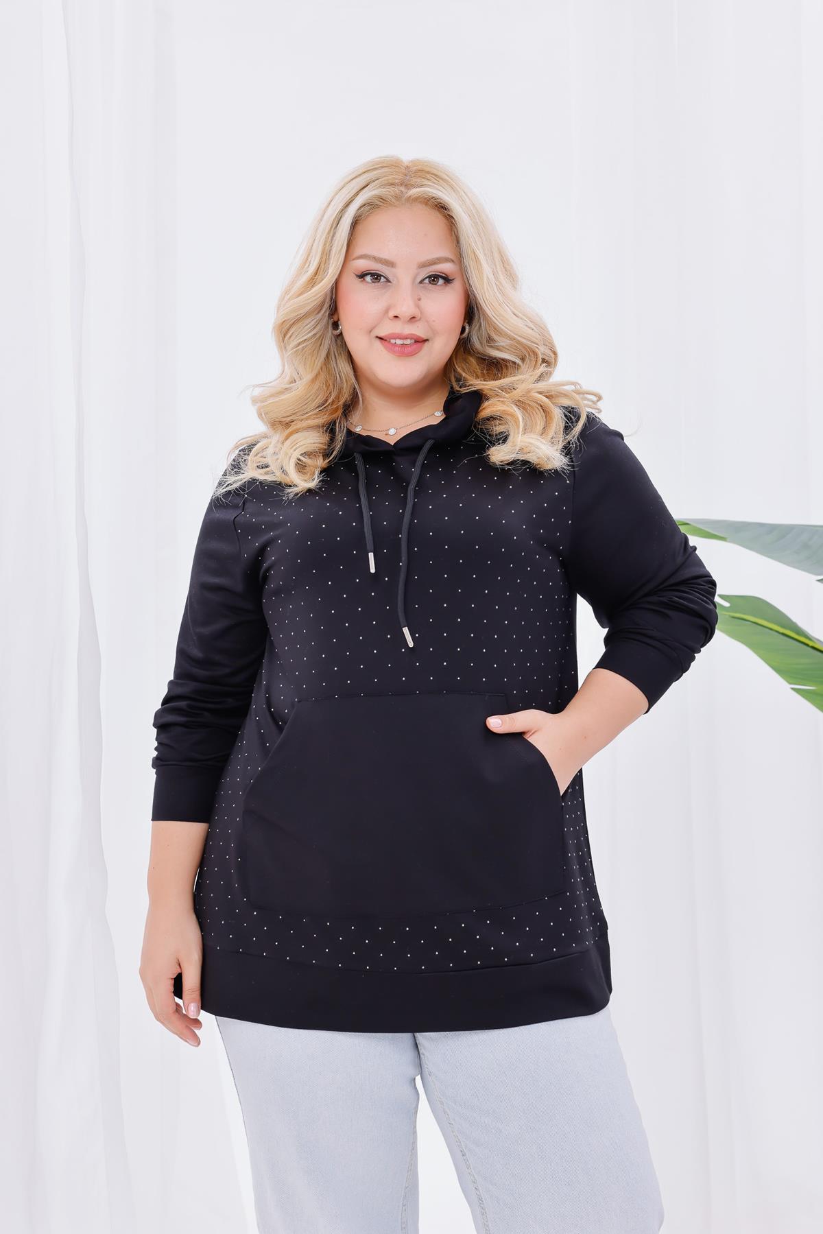 Sweatshirt Büyük Beden Taş Detaylı Kapüşonlu Sweatshirt