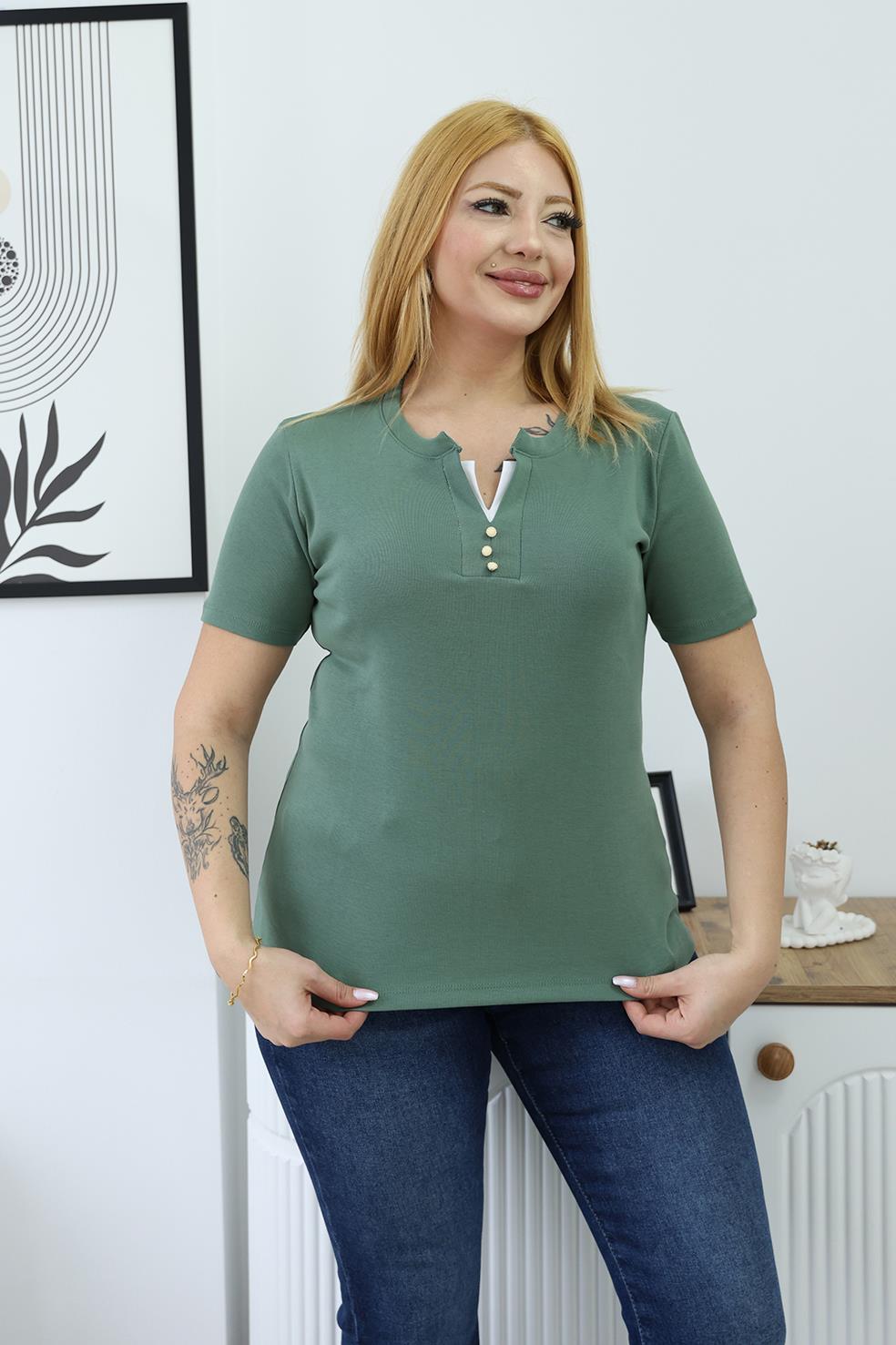 Tshirt Büyük Beden Yakası Çift Biye Detaylı Düğmeli Basıc T-shirt