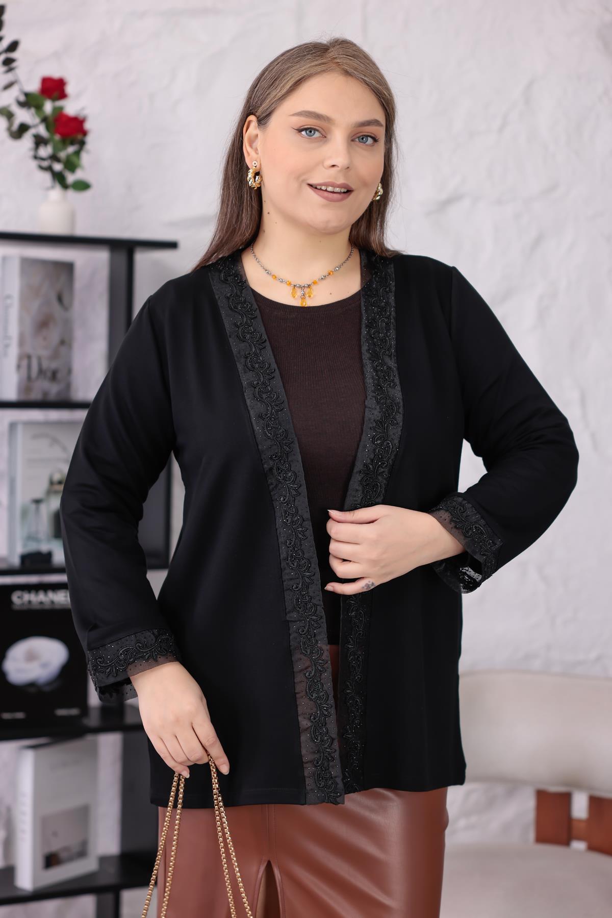 Hırka Büyük Beden Yakası Kolları Dantel Taşlı Şık Hırka