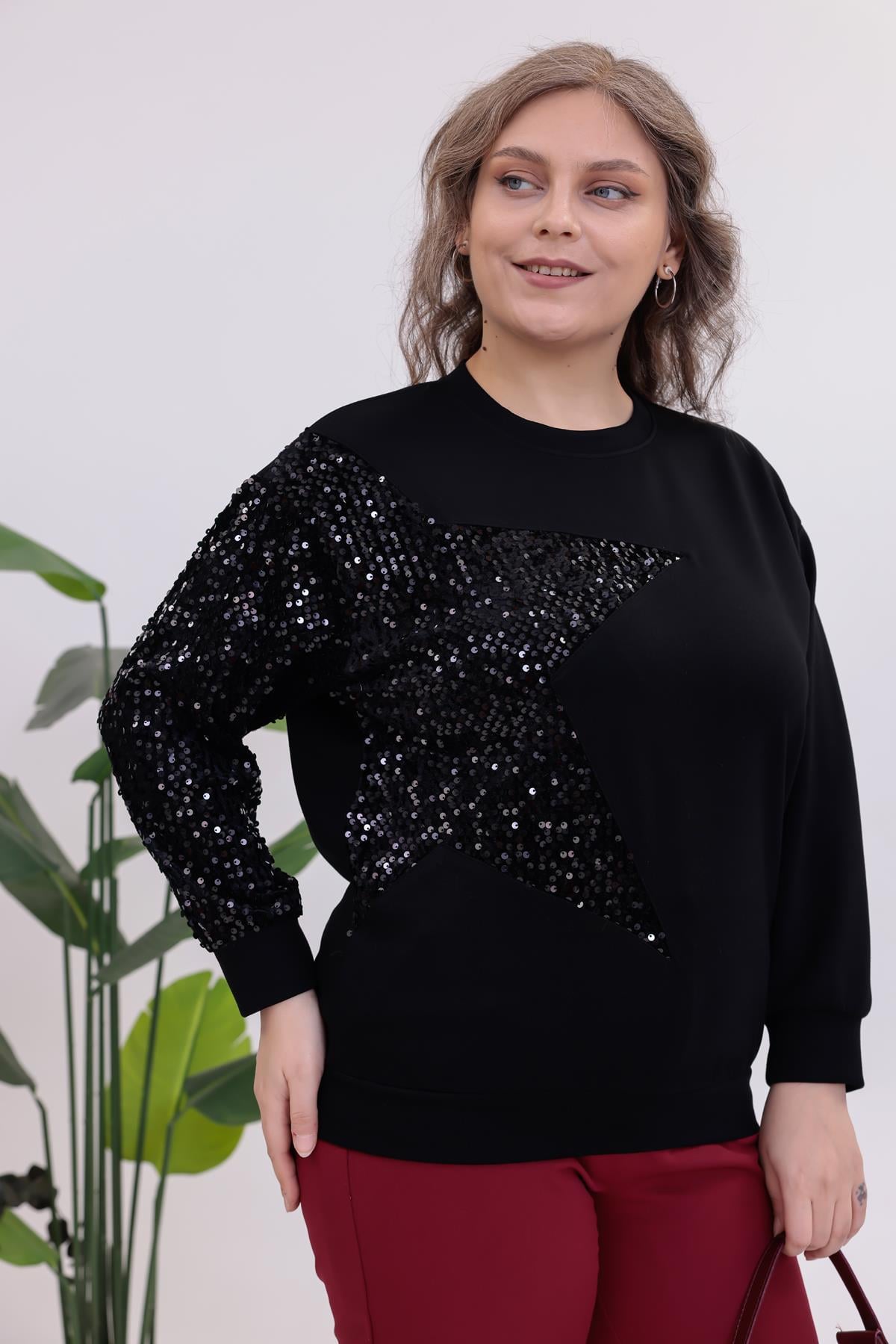 Sweatshirt Büyük Beden Yıldız Pul İşlemeli Sweatshirt