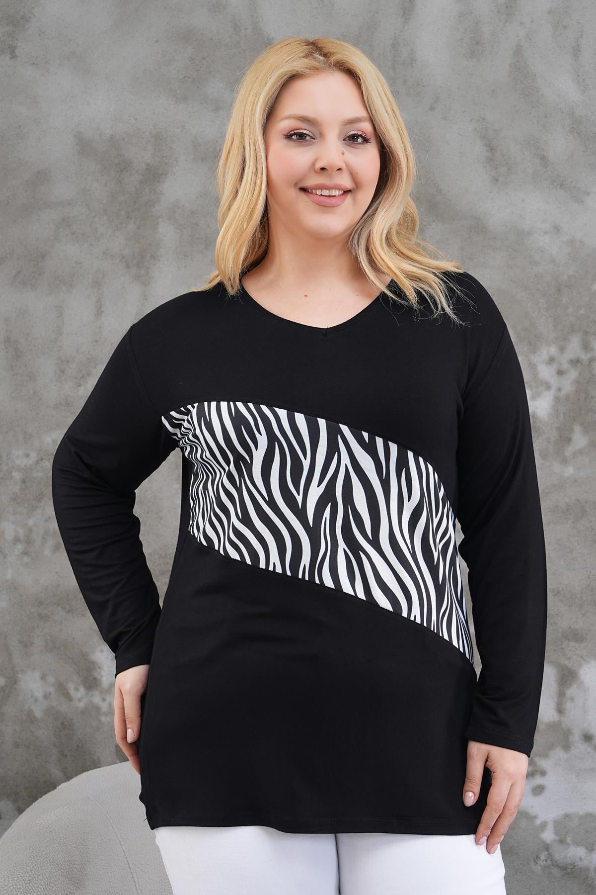 Kısa Kol Bluz Büyük Beden Zebra Desen Oversize Bluz