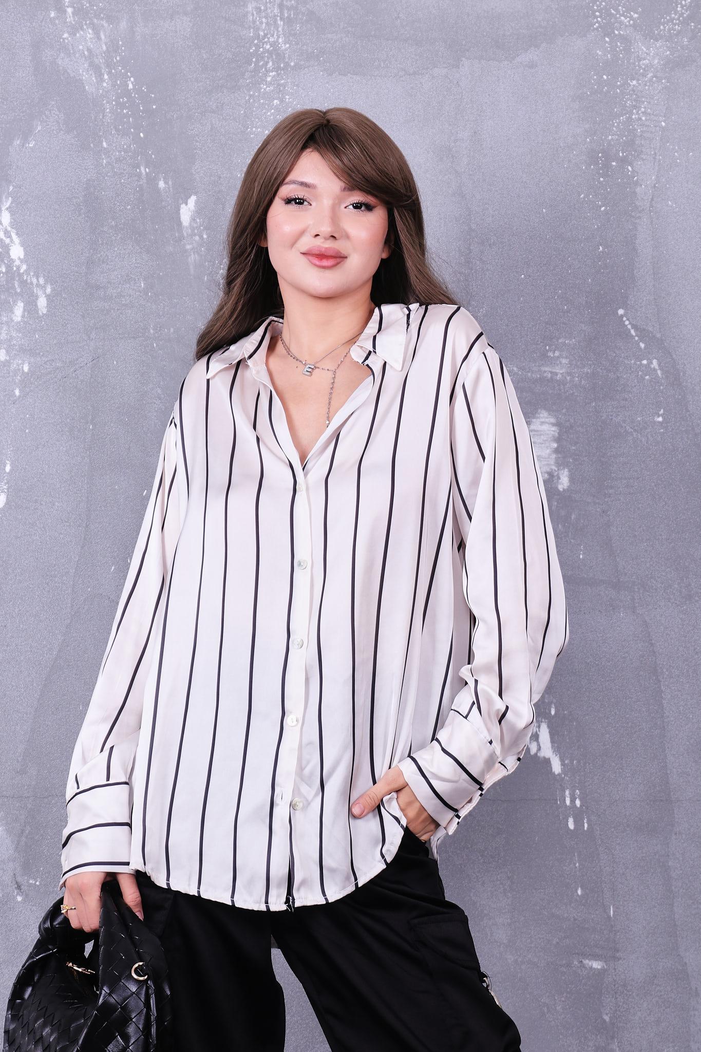 Gömlek Çizgili Oversize Saten Gömlek