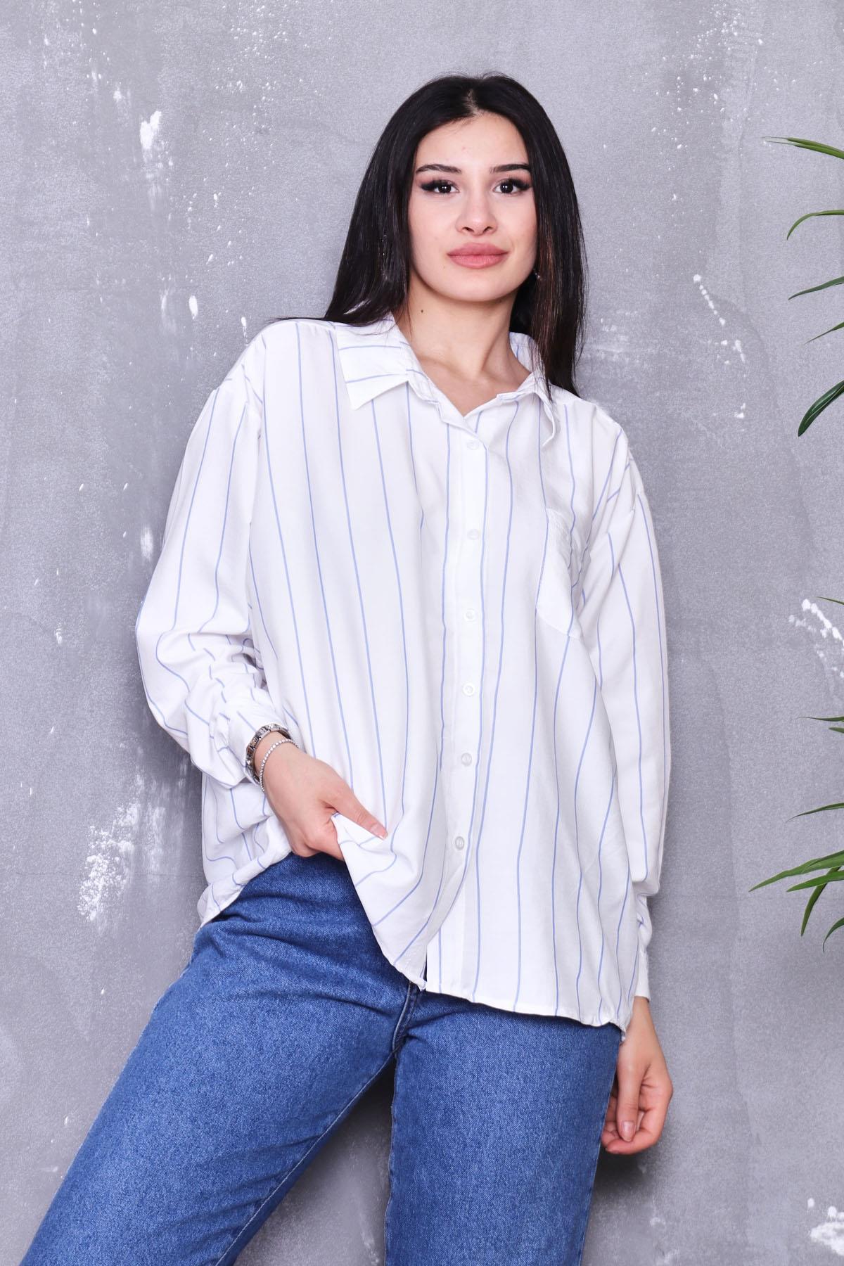 Gömlek Çizgili Oversize Tensel Gömlek