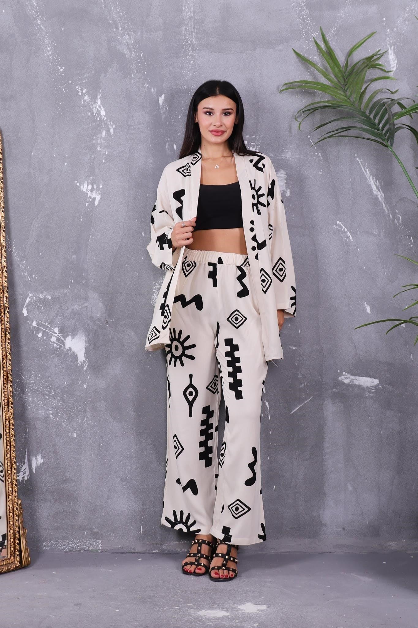 İkili Takım Desenli Kimono Takım