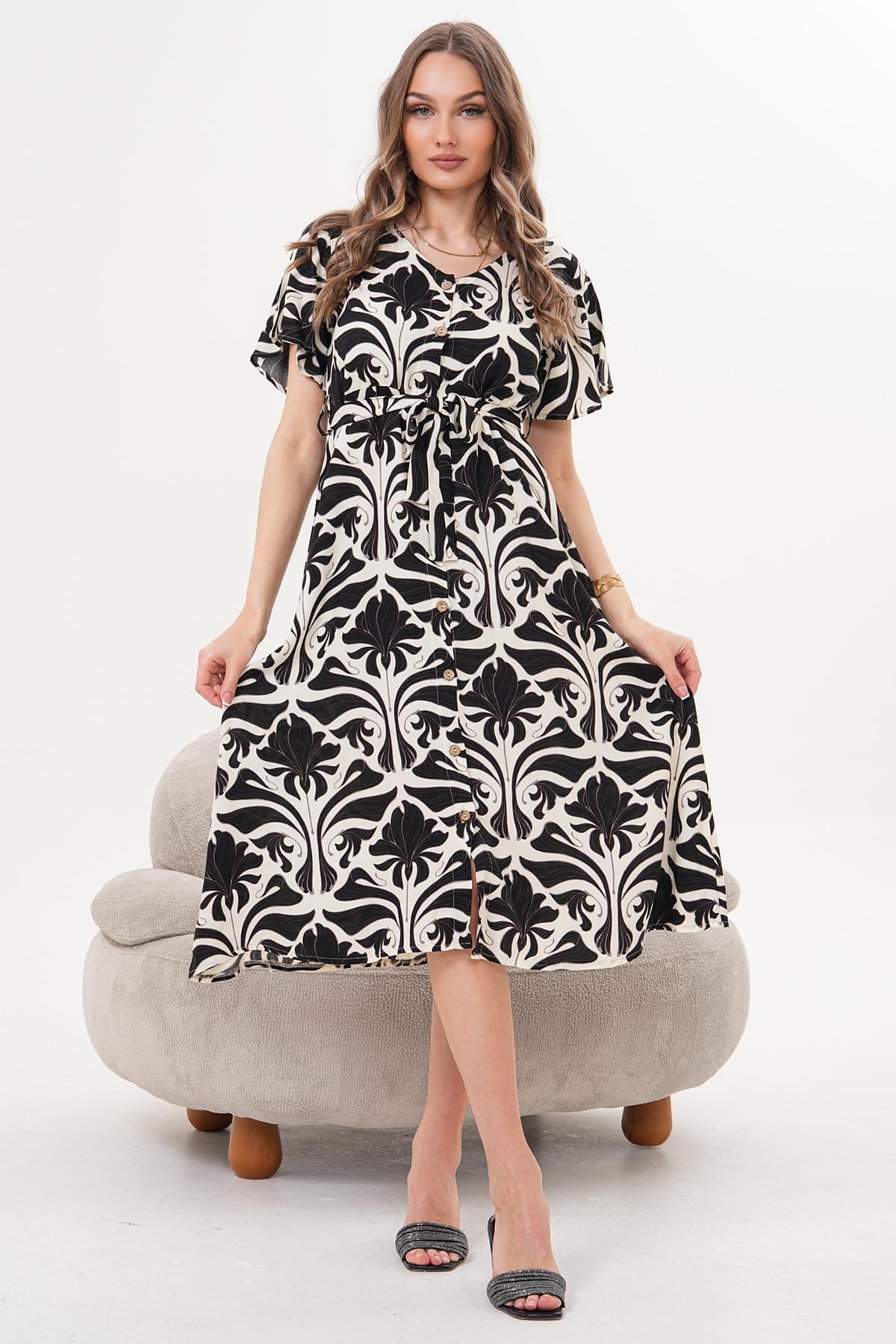 Elbise Düğme Detaylı Yarasa Kol Gömlek Elbise