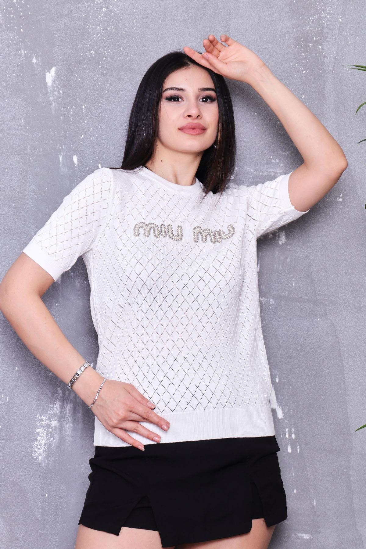 Bluz İnci Detaylı Merserize Bluz