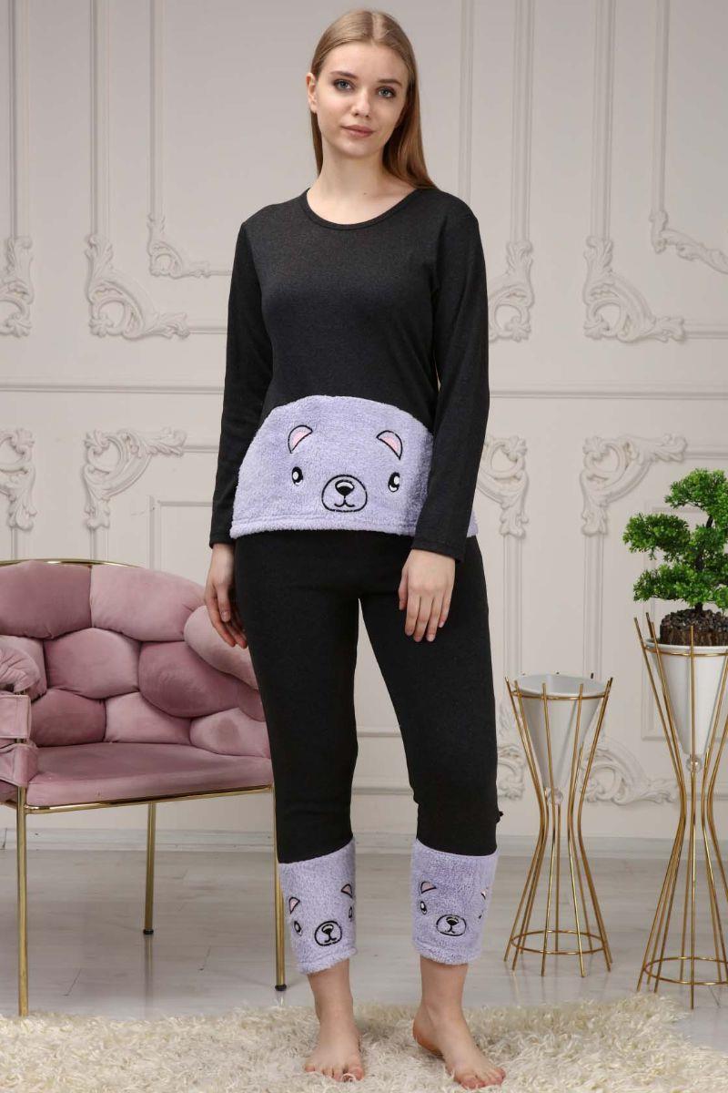 Pijama Takımı Kadın Ayıcık Nakışlı Polar Pijama Takımı Lila