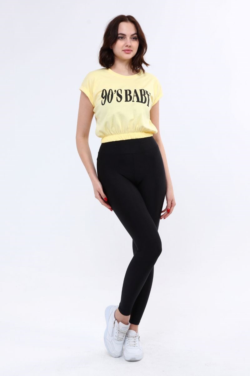 Tshirt Kadın Beli Lastikli Crop T-Shirt Sarı